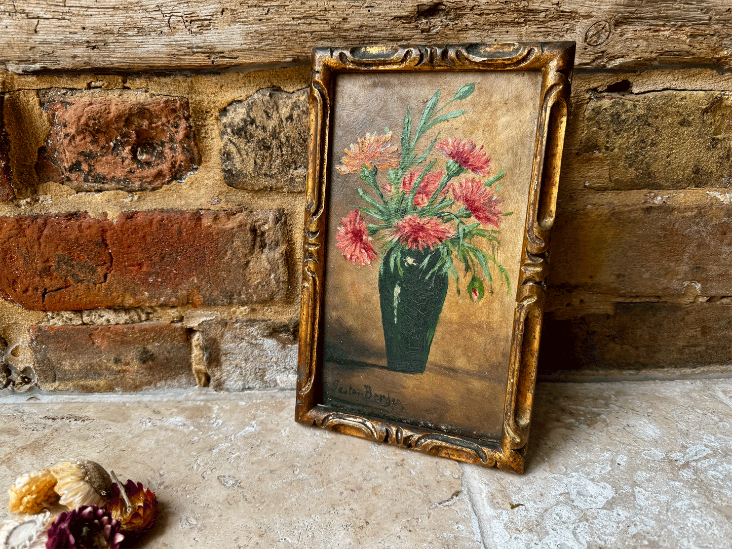 antique french signed oil painting board framed floral composition gilt gaston berger