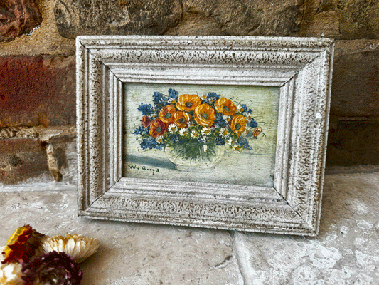 small antique french signed framed oil board florals floral composition