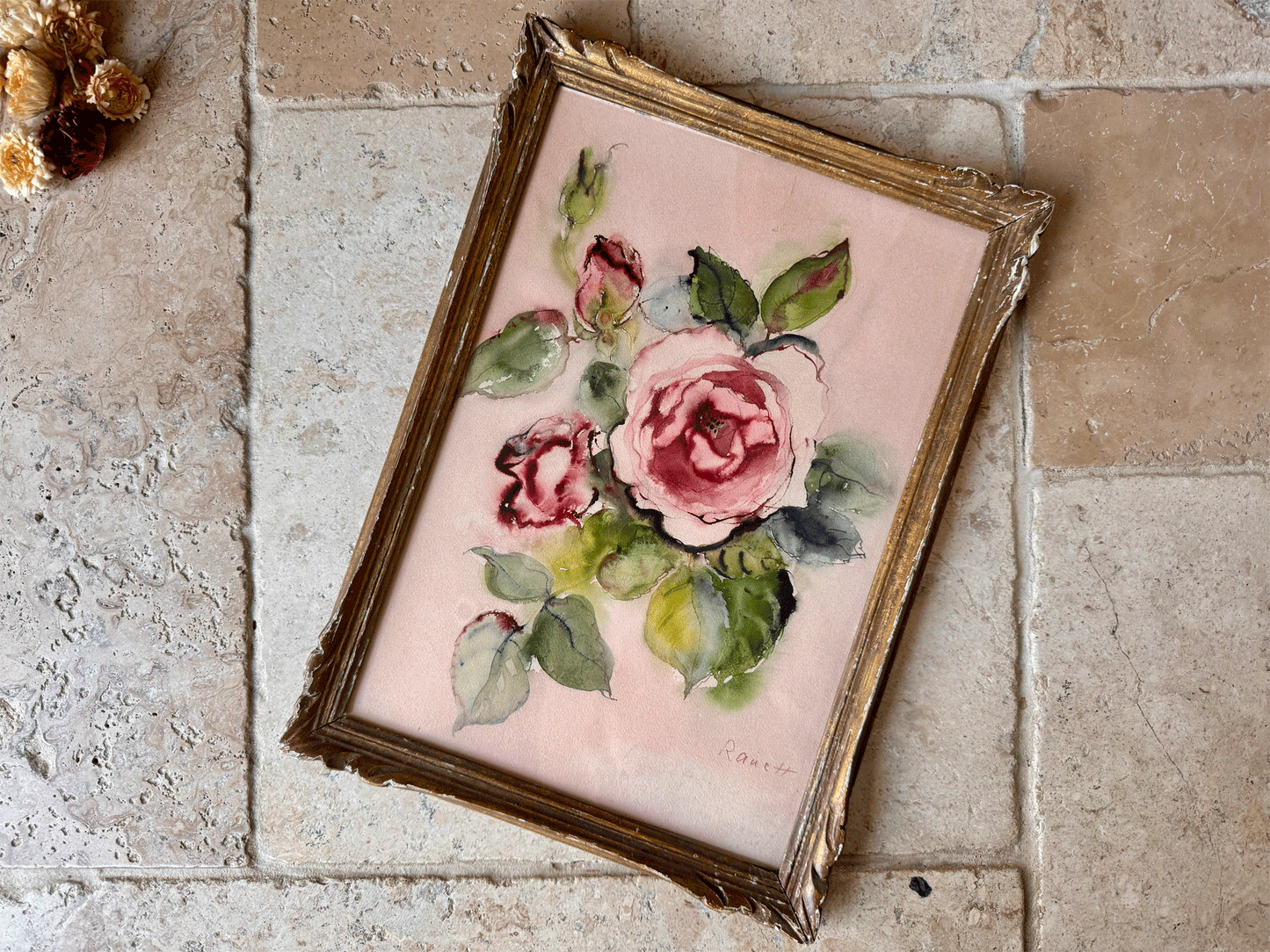 antique vintage french framed signed rauett pink rose watercolour painting artwork