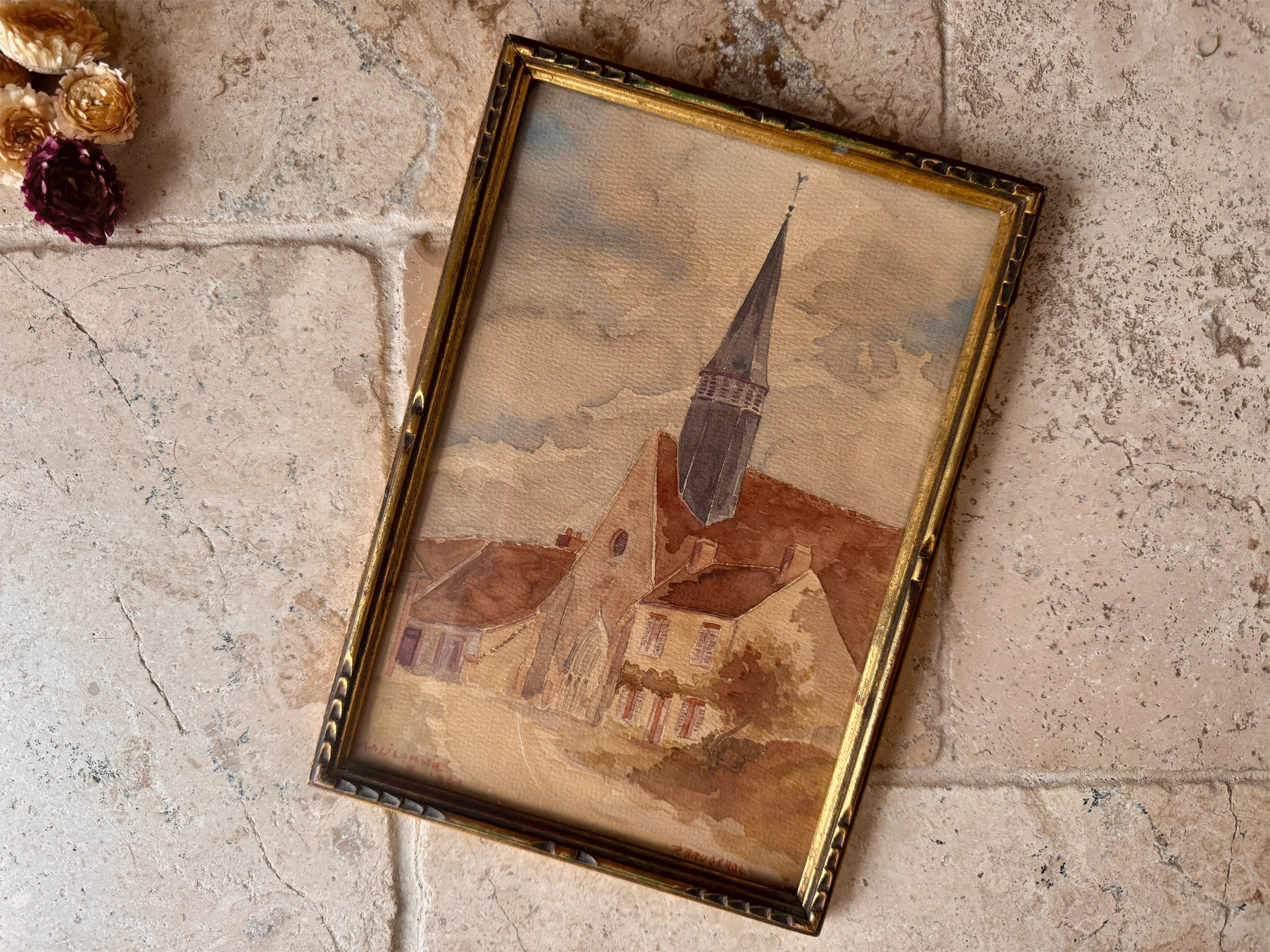 antique french signed framed watercolour painting 1934 malicorne loire valley country village scene