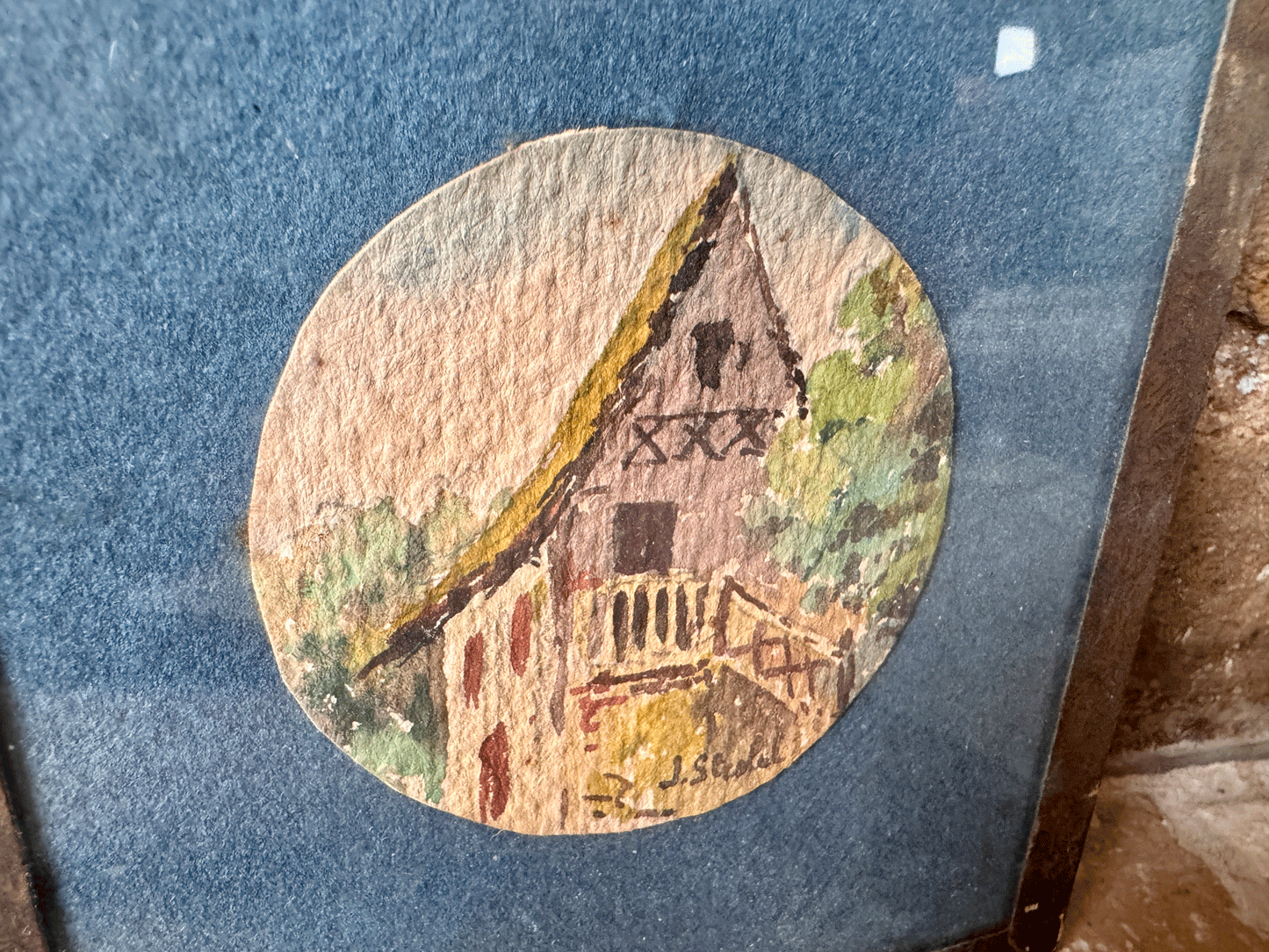 antique french small miniature framed watercolour painting landscape country village scene medieval house
