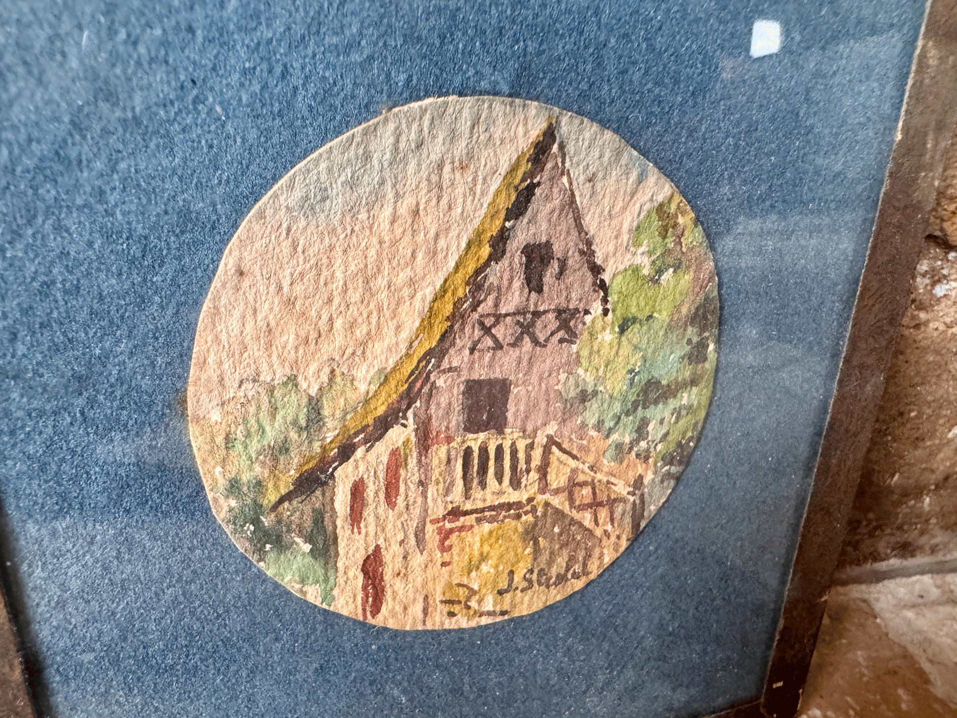 antique french small miniature framed watercolour painting landscape country village scene medieval house