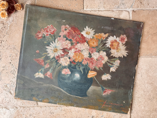 large signed antique french floral composition still life flowers blue vase sombre muted oil board