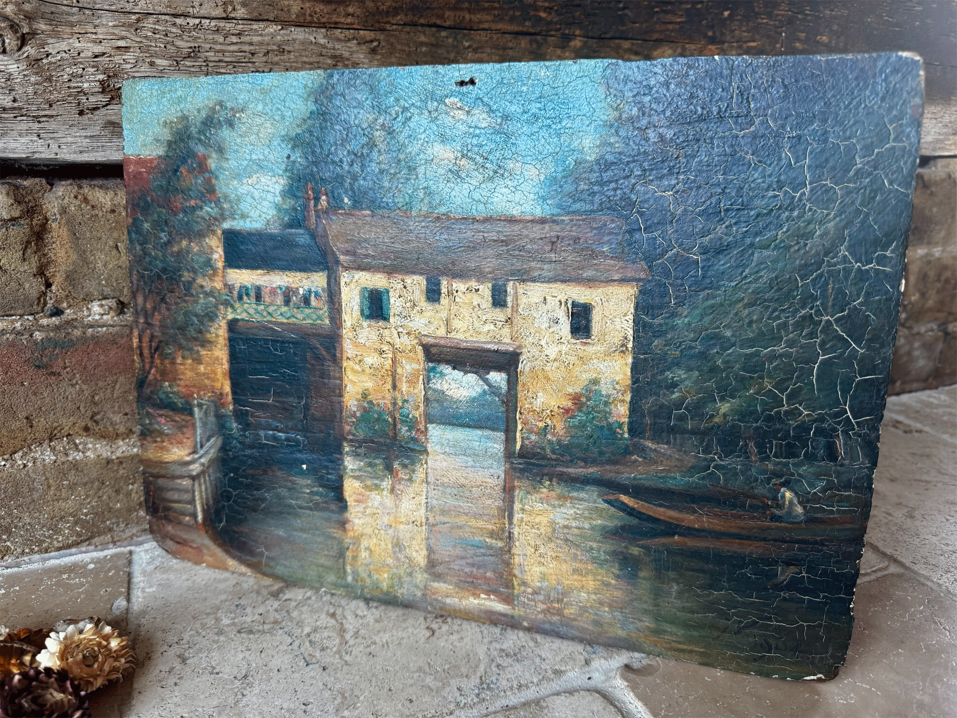 antique french oil board painting artwork mill boathouse river country scene signed