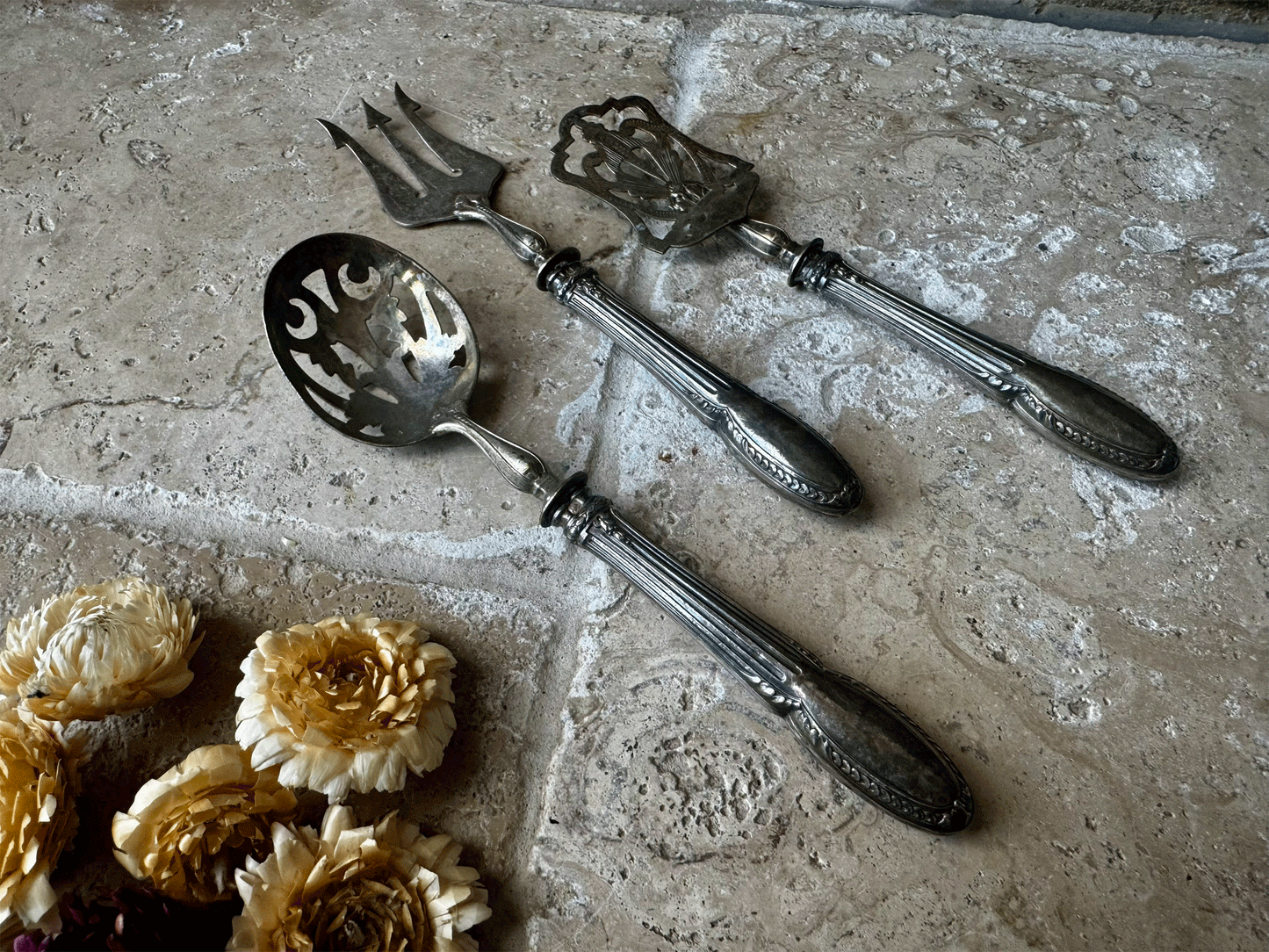 antique french silver plated cutlery set sugar spoon shovel pickle fork ornate decoration