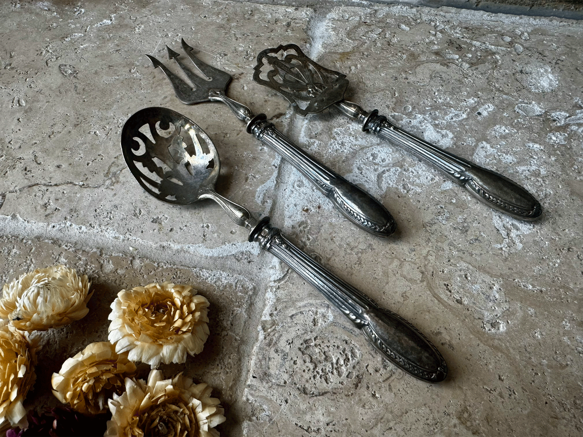 antique french silver plated cutlery set sugar spoon shovel pickle fork ornate decoration
