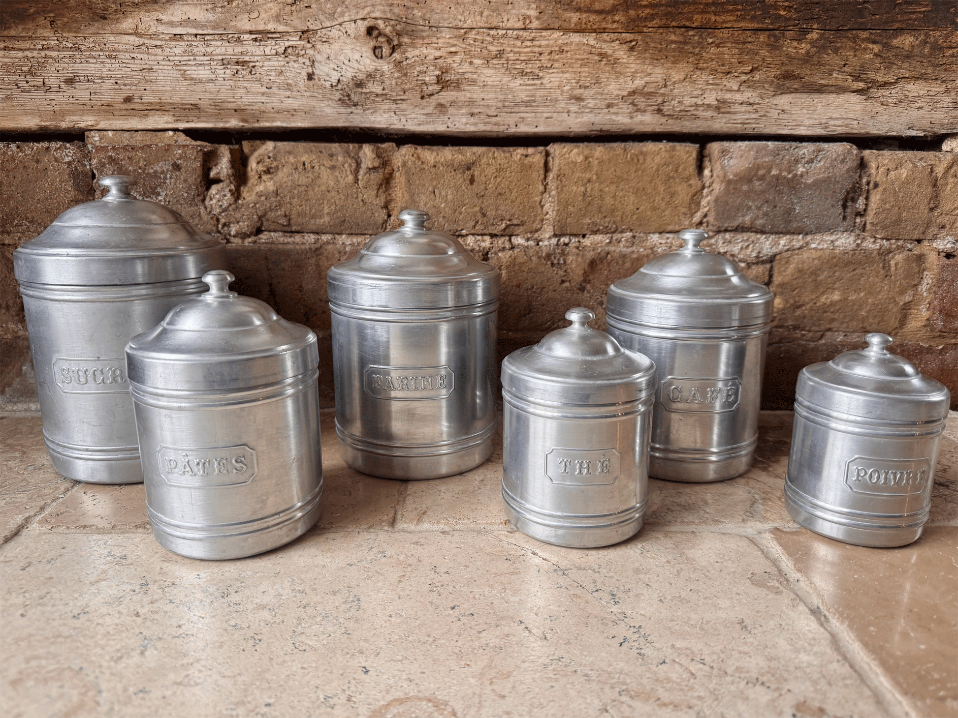 antique french set six aluminium tin kitchen storage canisters jars containers