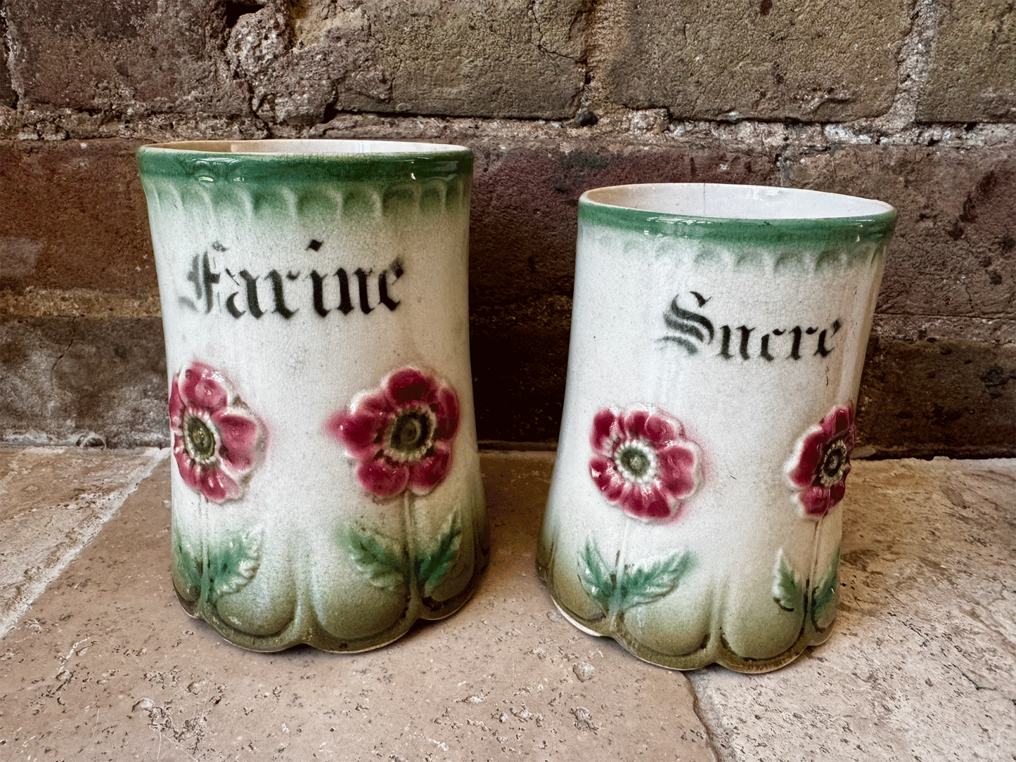 antique french timeworn charming character barbotine majolica relief decoration flowers poppies ironstone set canisters