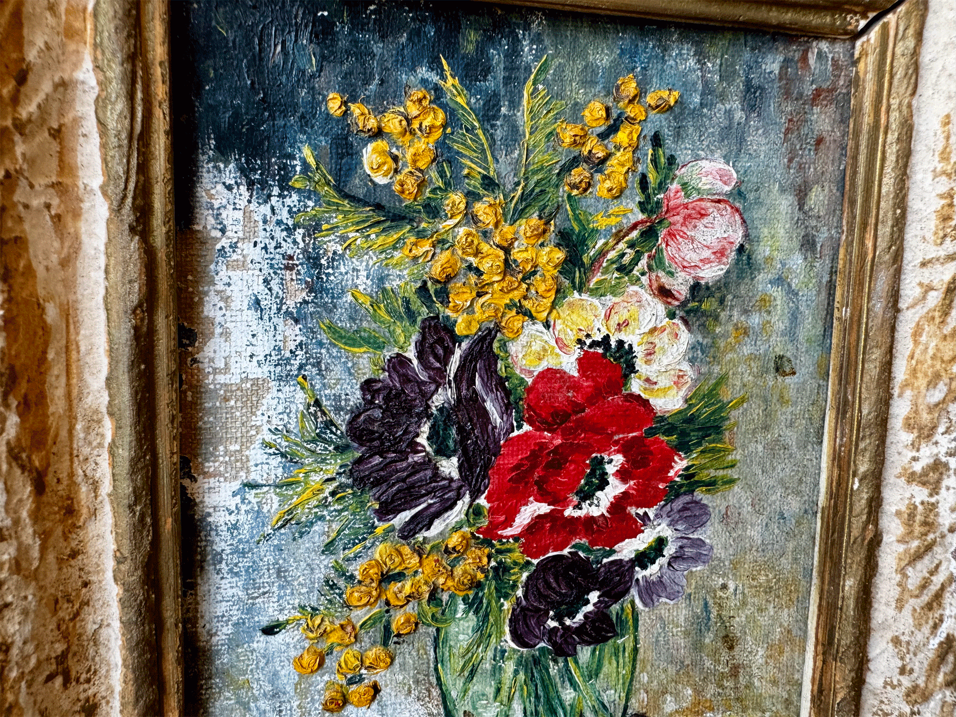 antique french small 19th century framed floral still life oil painting canvas signed 