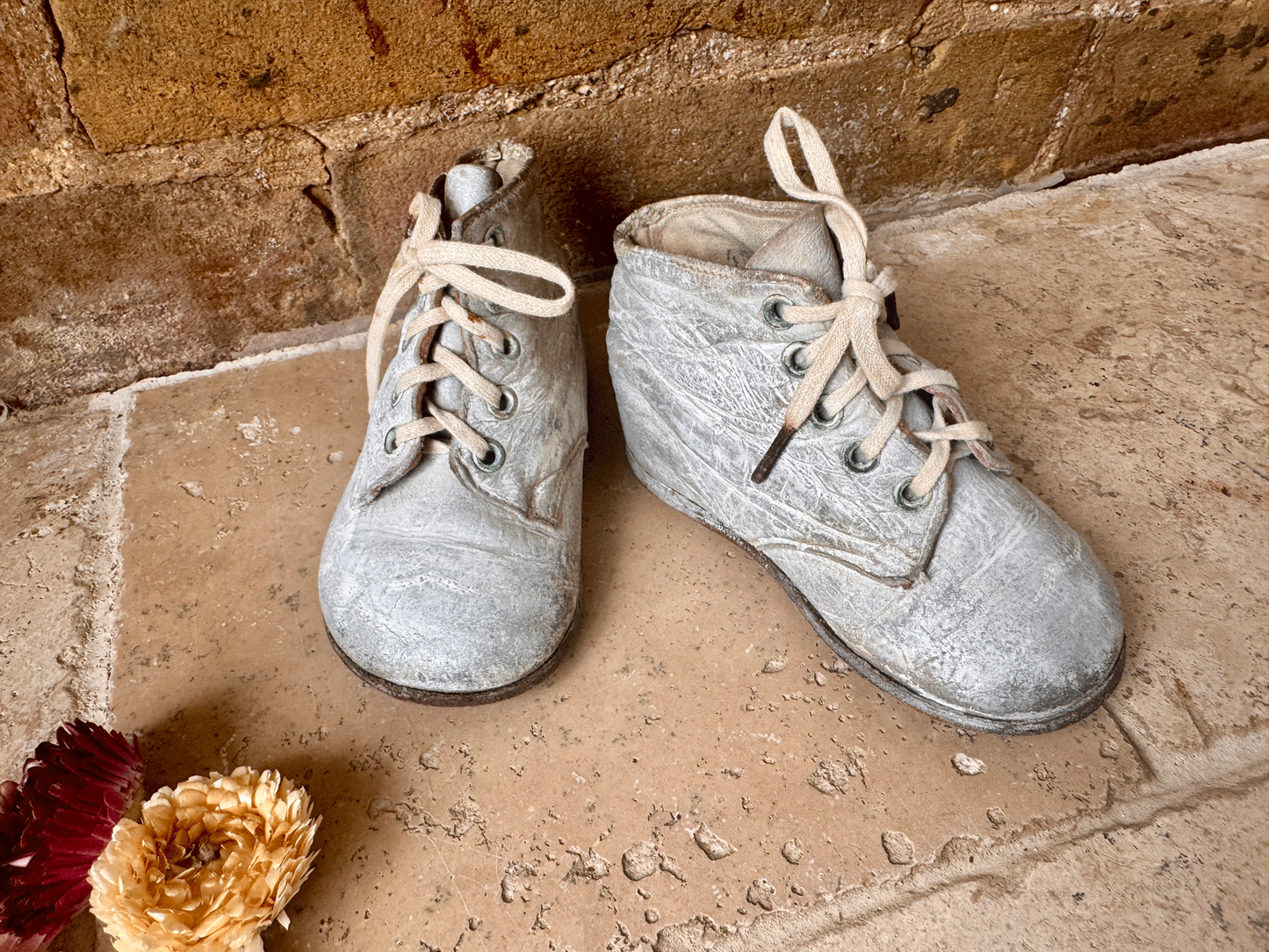 antique vintage french chalked children boots shoes whitewash nursery bedroom decor shelf styling prop