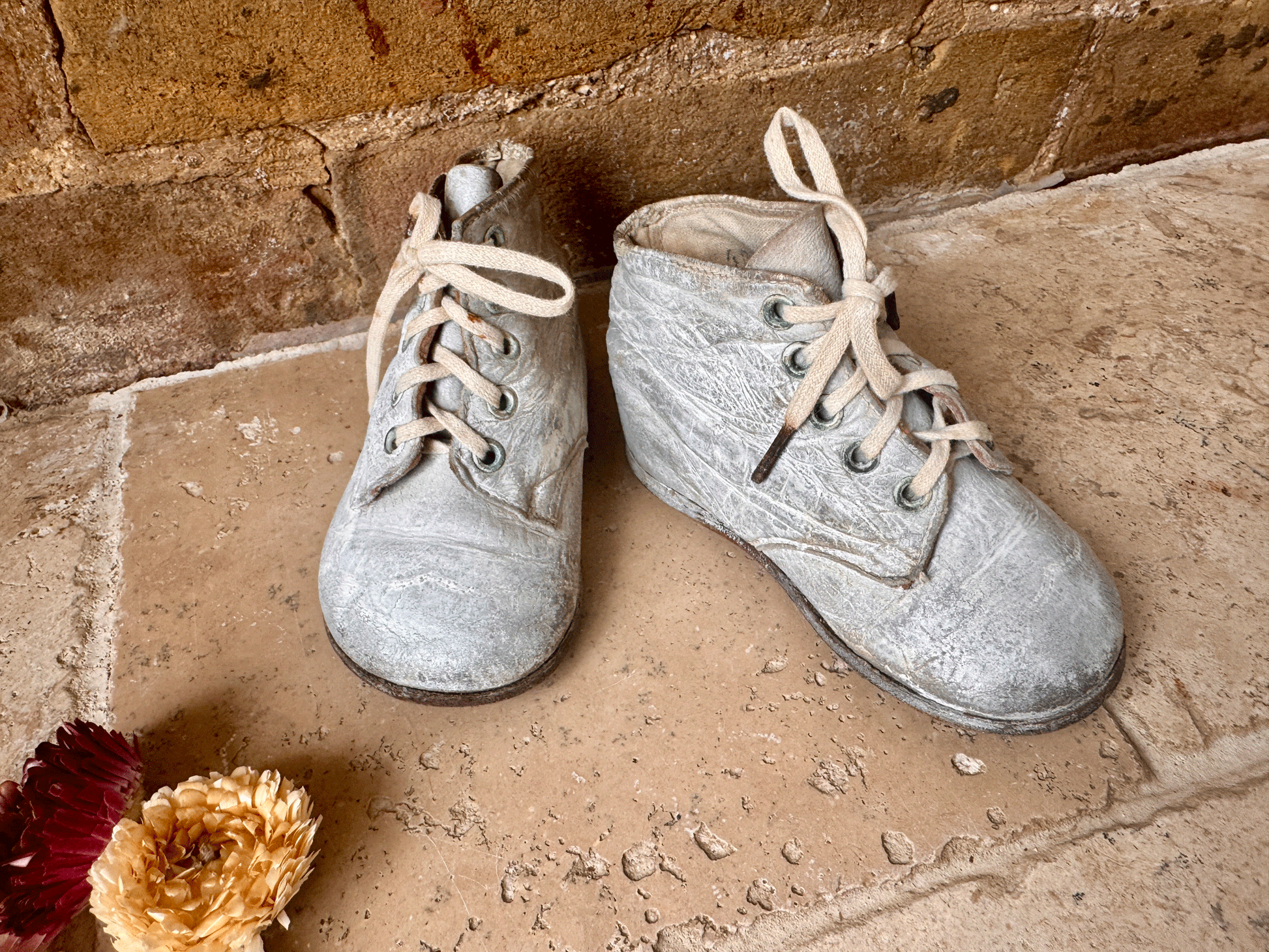 antique vintage french chalked children boots shoes whitewash nursery bedroom decor shelf styling prop