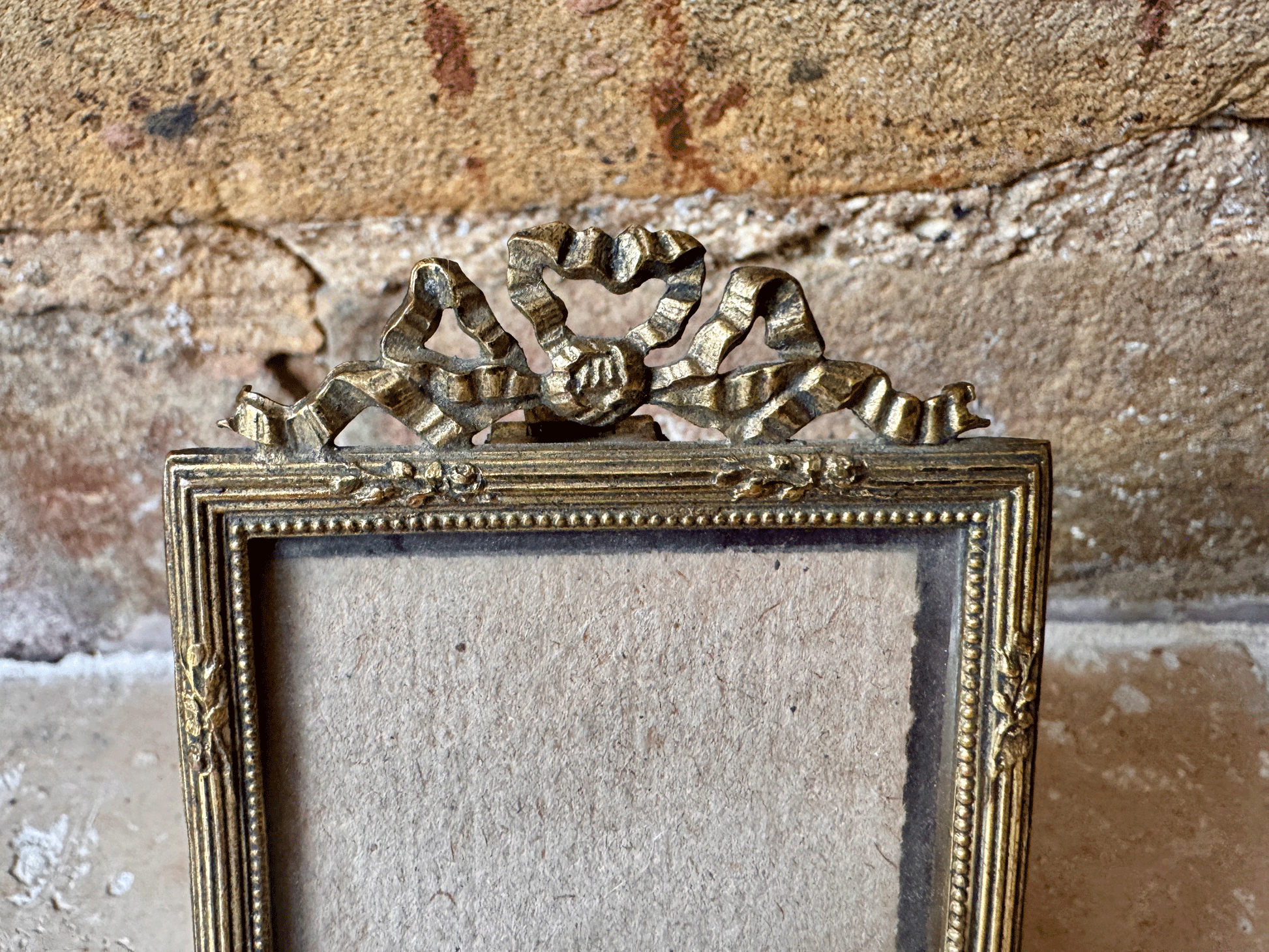 decorative antique french miniature small brass ormolu picture photo picture frame ribbon bow swag banner 