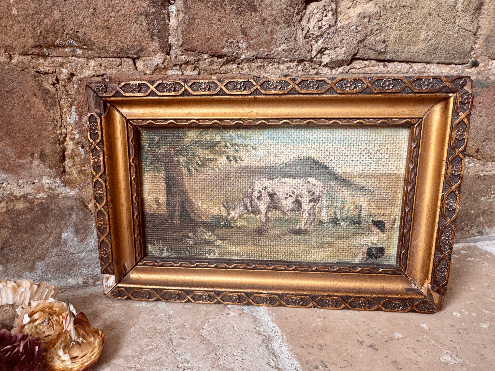 small antique french signed gilt gilded framed oil painting board grazing cow small boy child