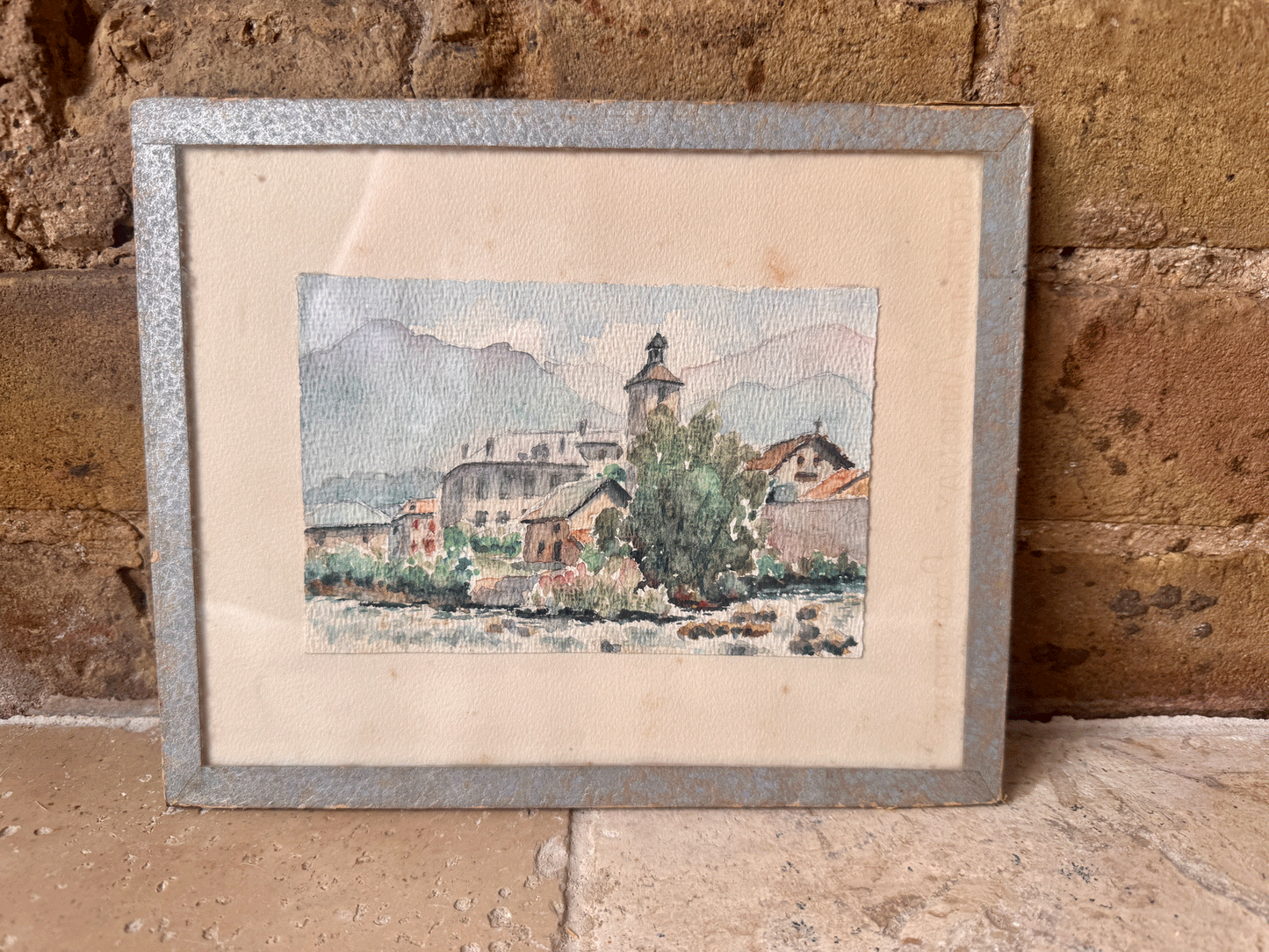 antique french framed watercolour painting country town village church scene mountains hills