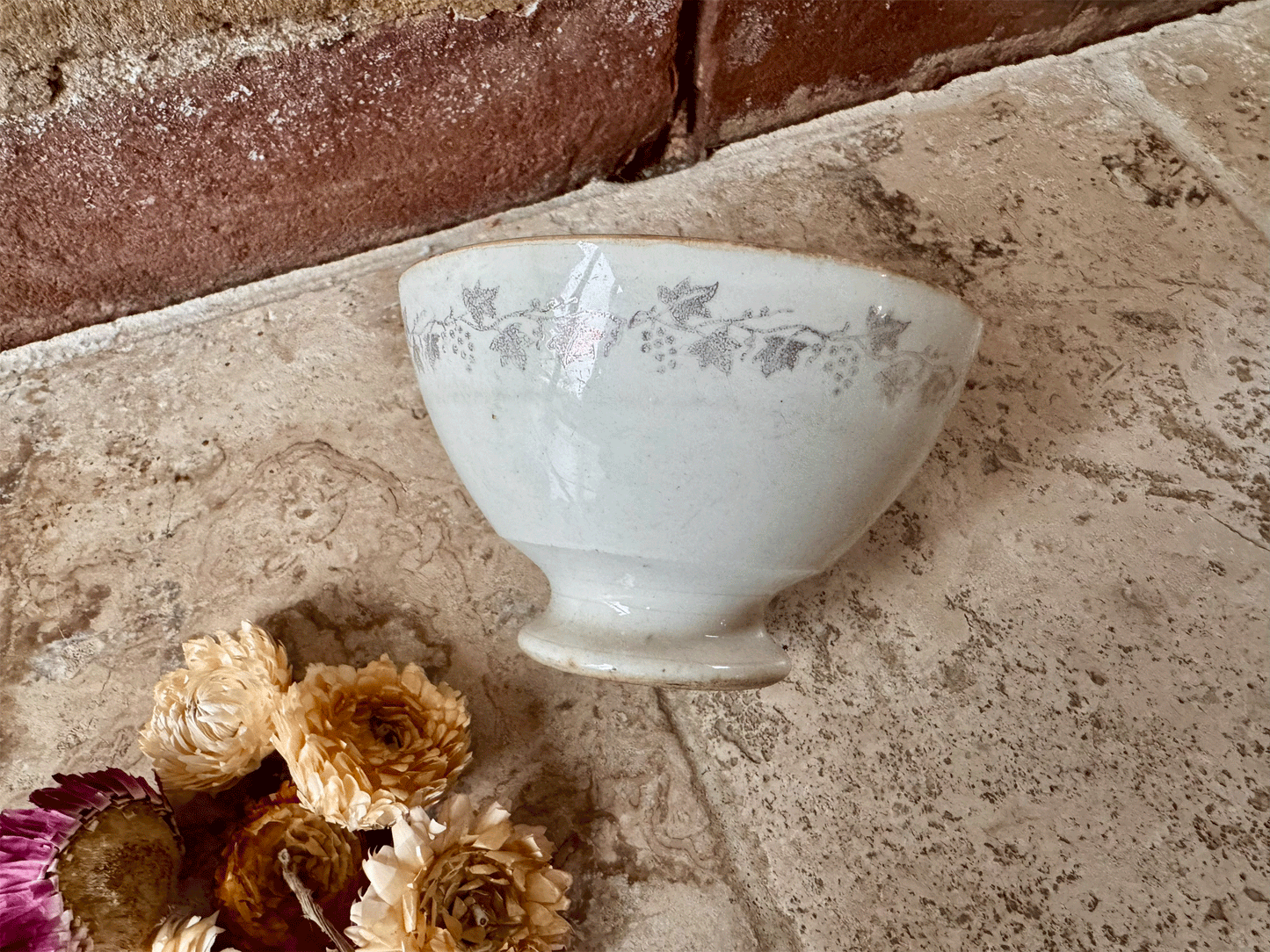 antique french ironstone terre de fer small miniature cafe au lait chocolate bowl floral 
