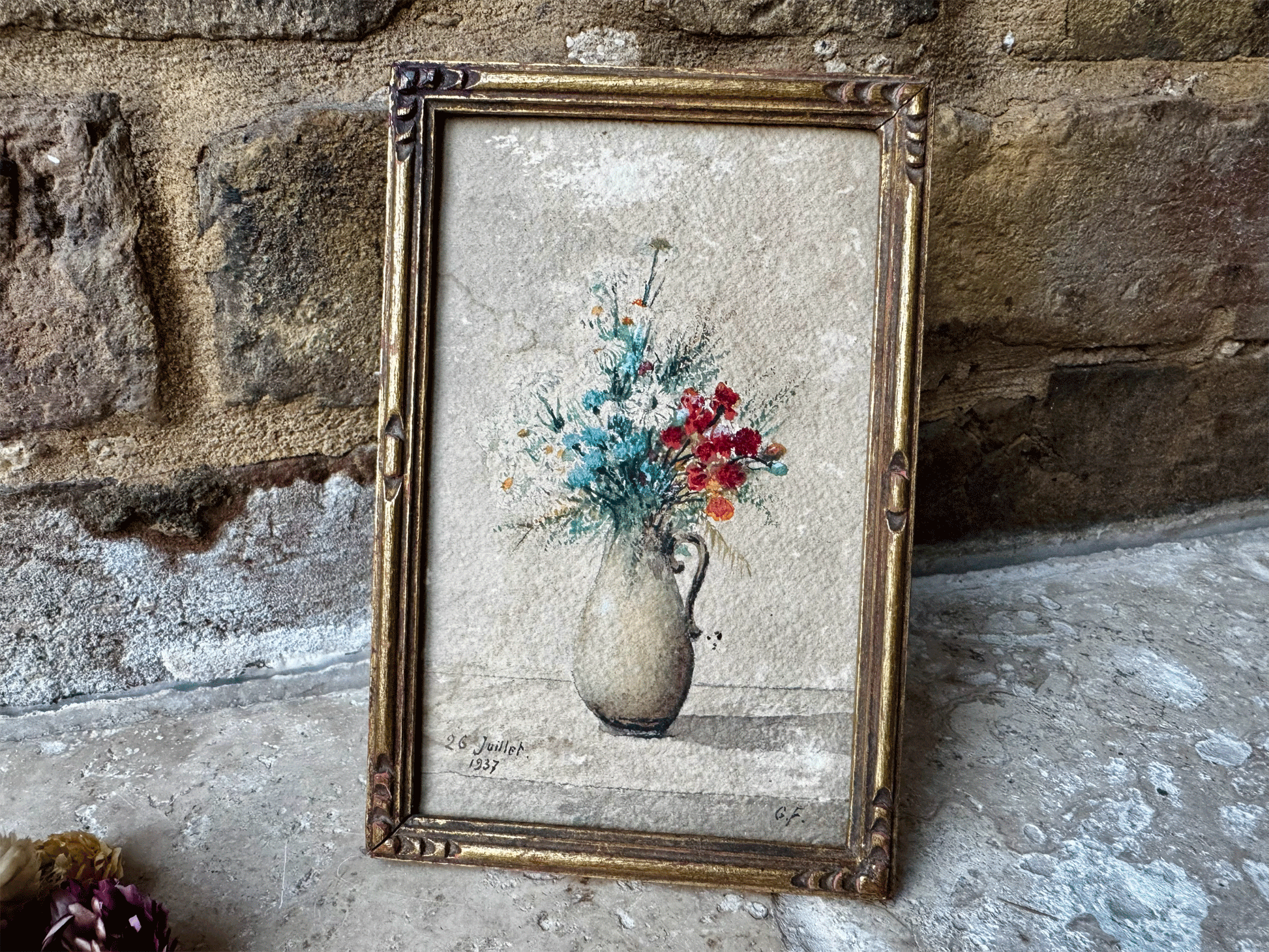 small miniature antique french watercolour painting signed dated floral vase still life