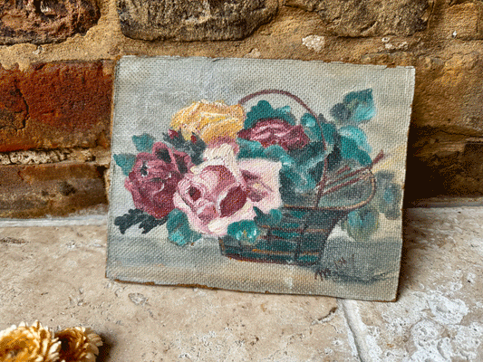 antique french oil on board still life roses basket