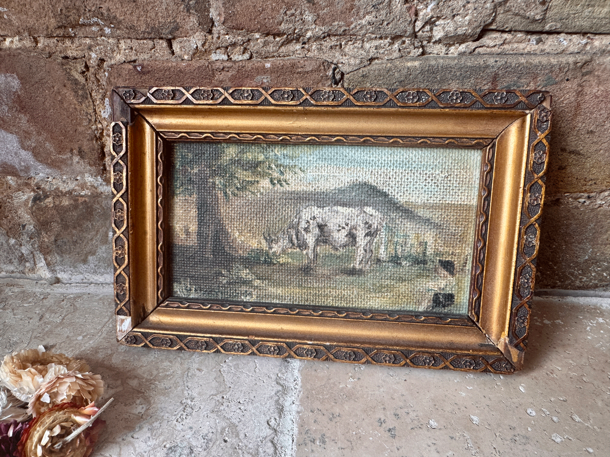 small antique french signed gilt gilded framed oil painting board grazing cow small boy child