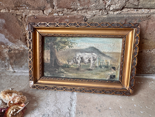 small antique french signed gilt gilded framed oil painting board grazing cow small boy child