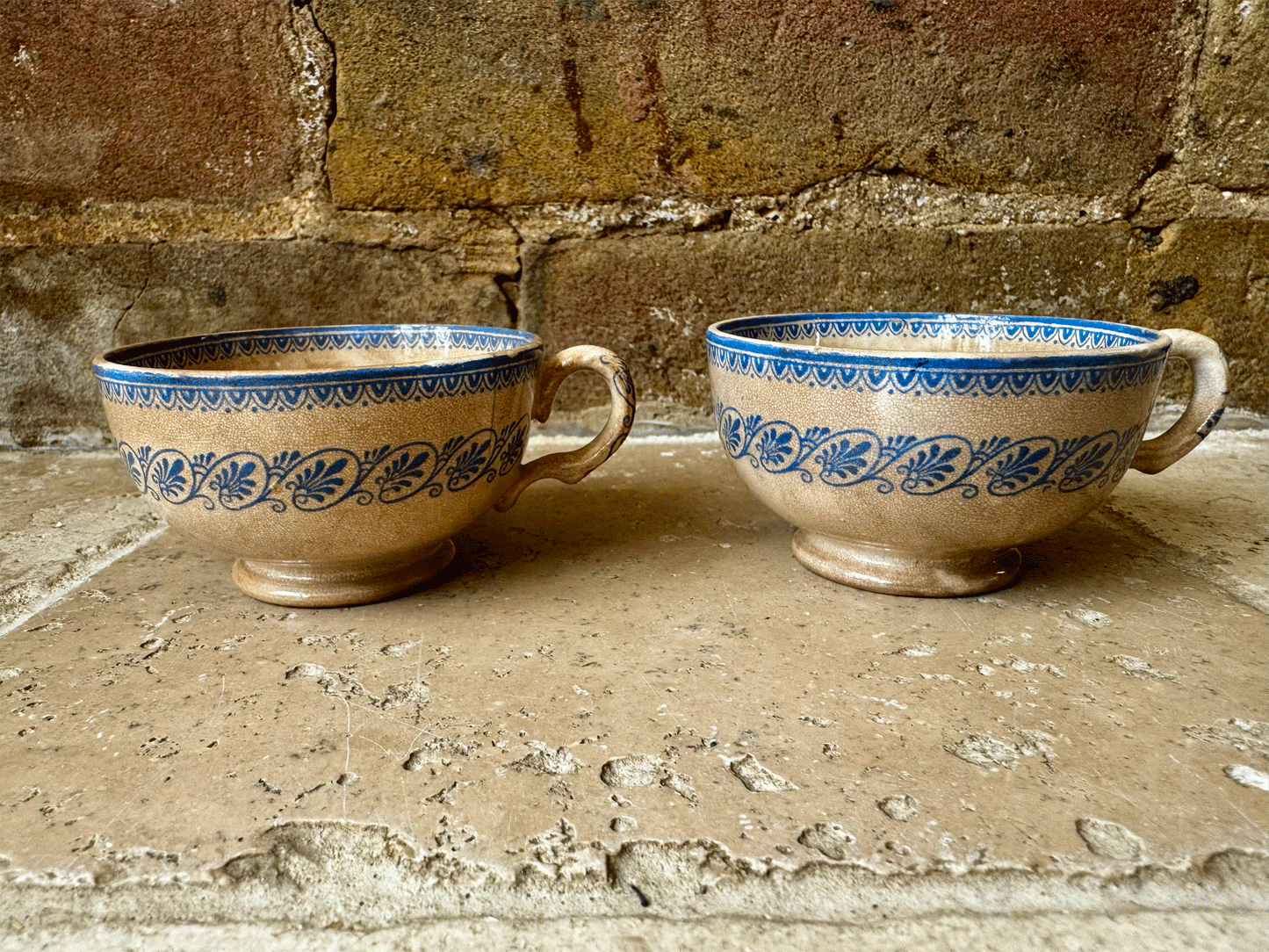 rare antique french timeworn buttery crzed patina blue transferware coffee espresso cup faience blue transferware