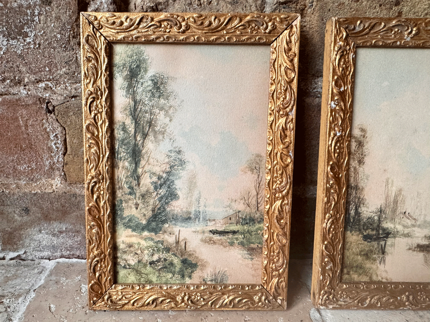 antique french small landscape riverside watercolour painting gilt framed
