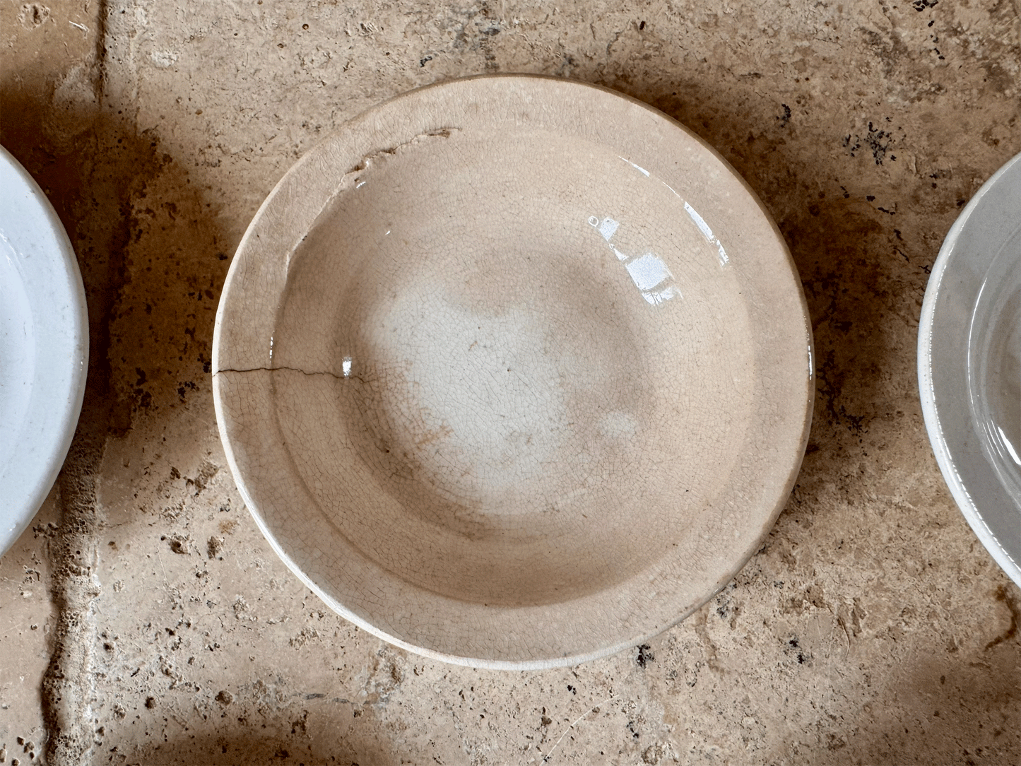 antique french small ceramic white butter pat stack chippy timeworn