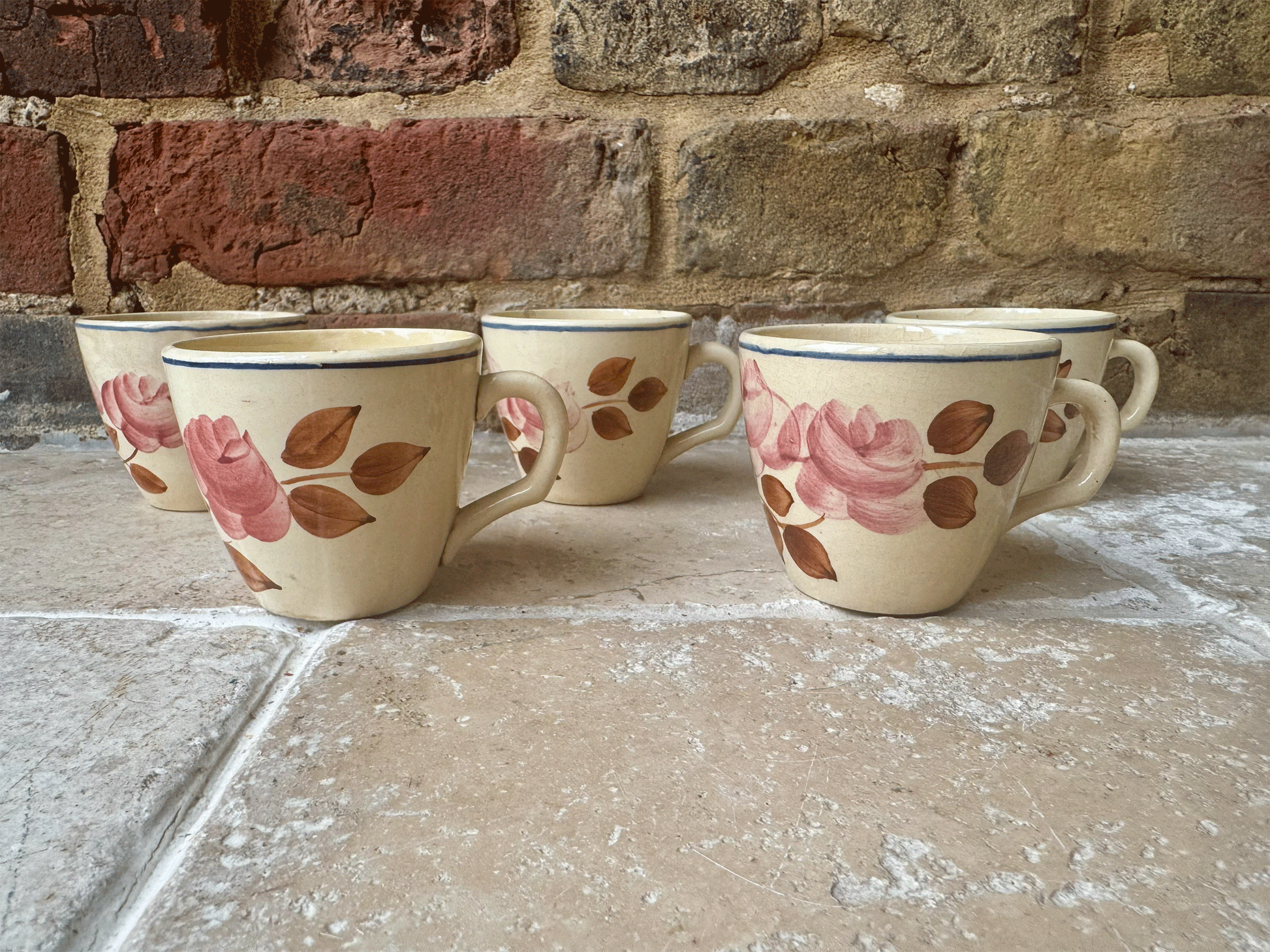 antique french aged timeworn buttery spongeware pink sepia floral espresso coffee cup