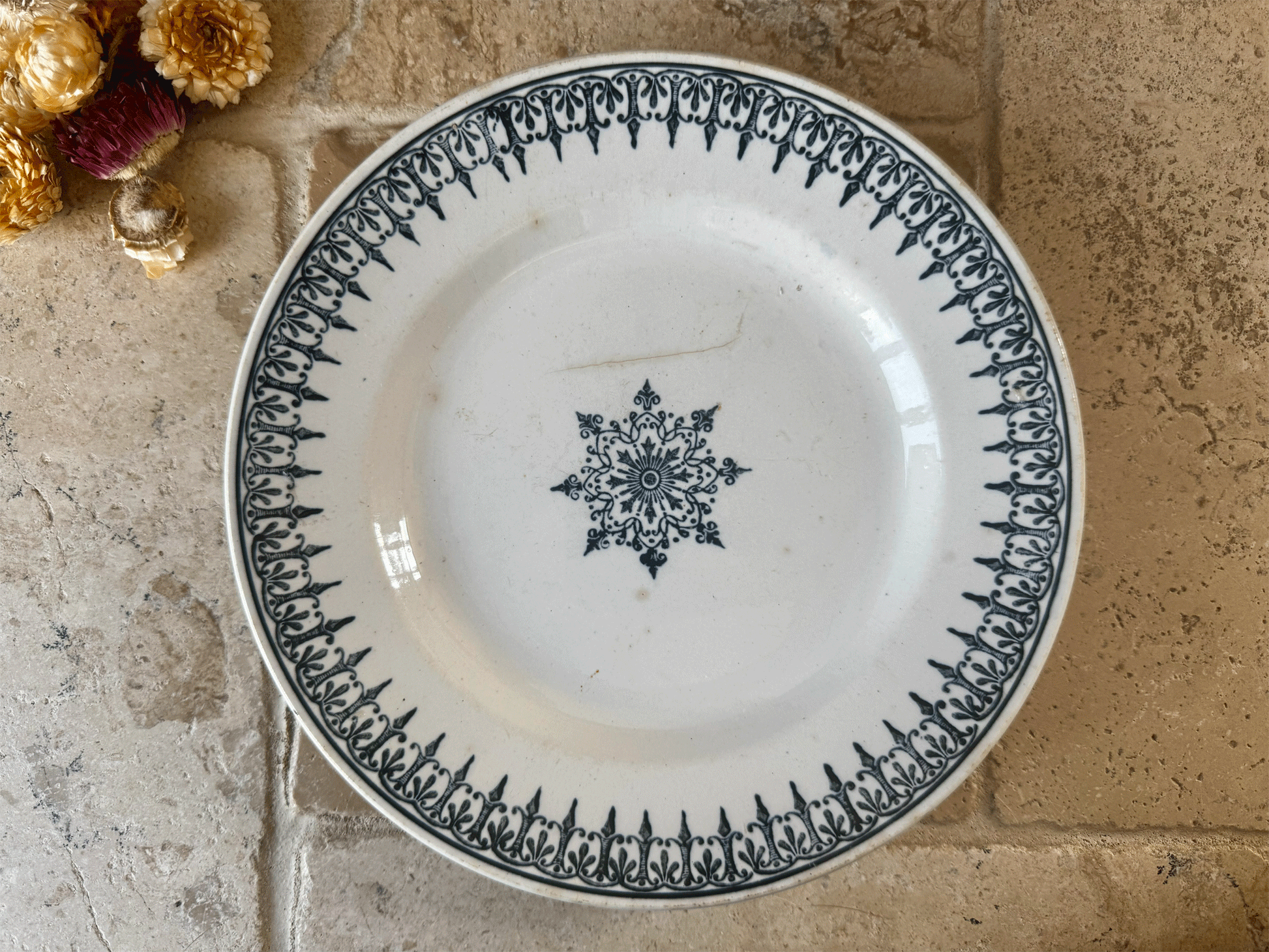 antique french terre de fer ironstone blue transferware side plate