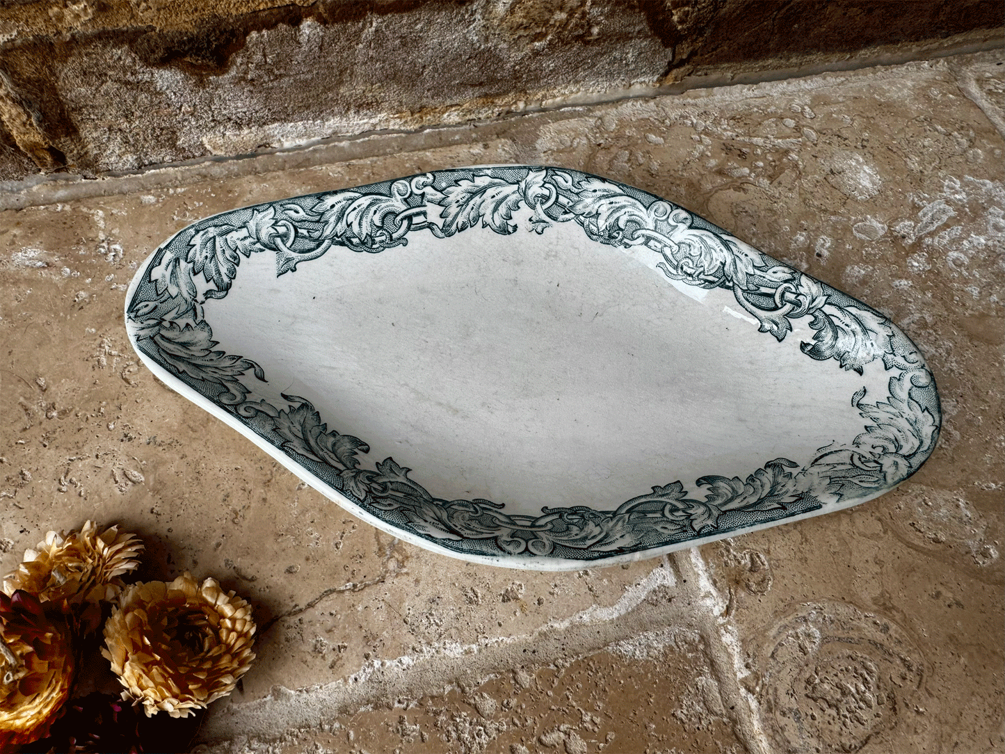 antique french st amand terre de fer ironstone ravier oval plate teal transferware border