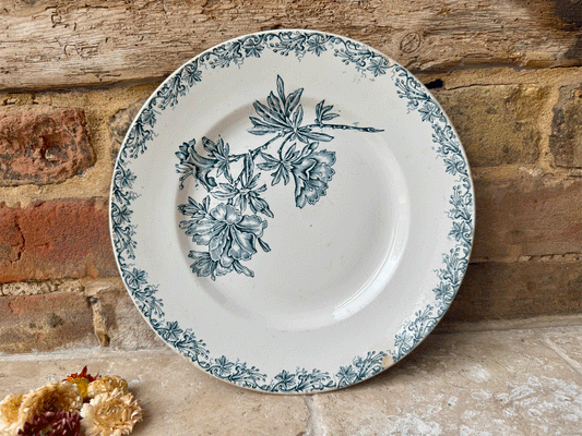 antique french st amand terre de fer ironstone plate florals dark teal
