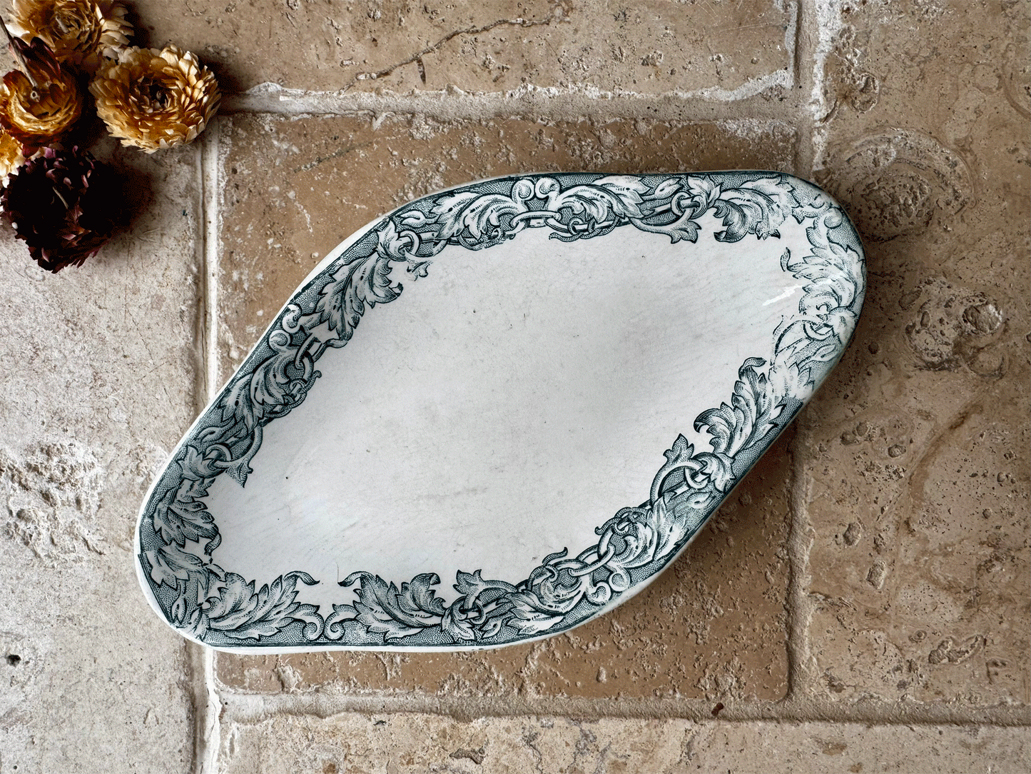 antique french st amand terre de fer ironstone ravier oval plate teal transferware border