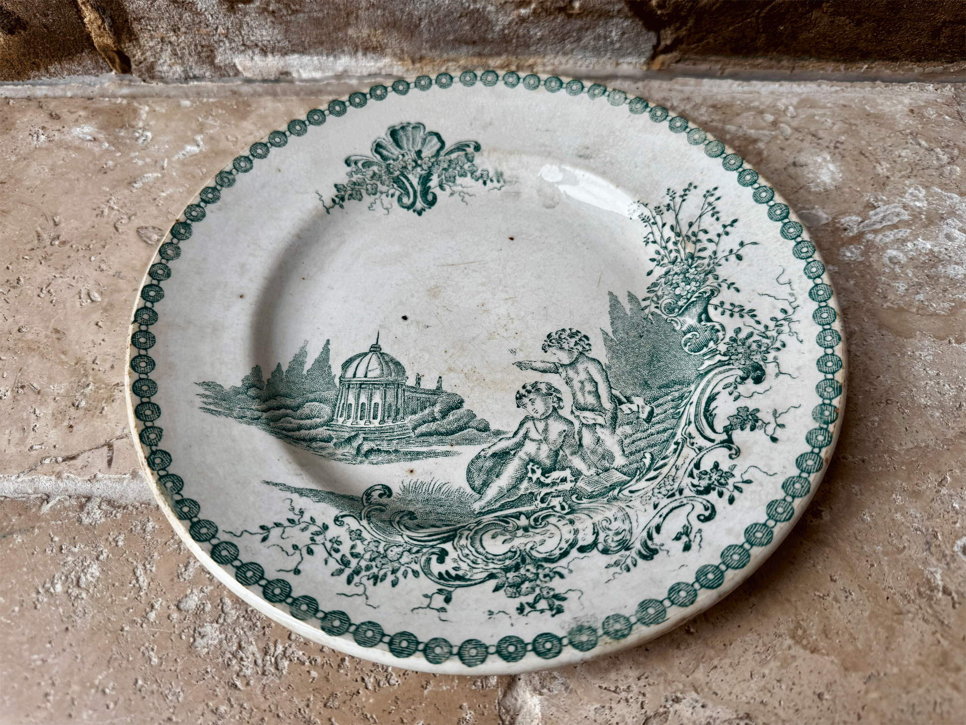antique french terre de fer green transferware side plate st amand trianon cherubs