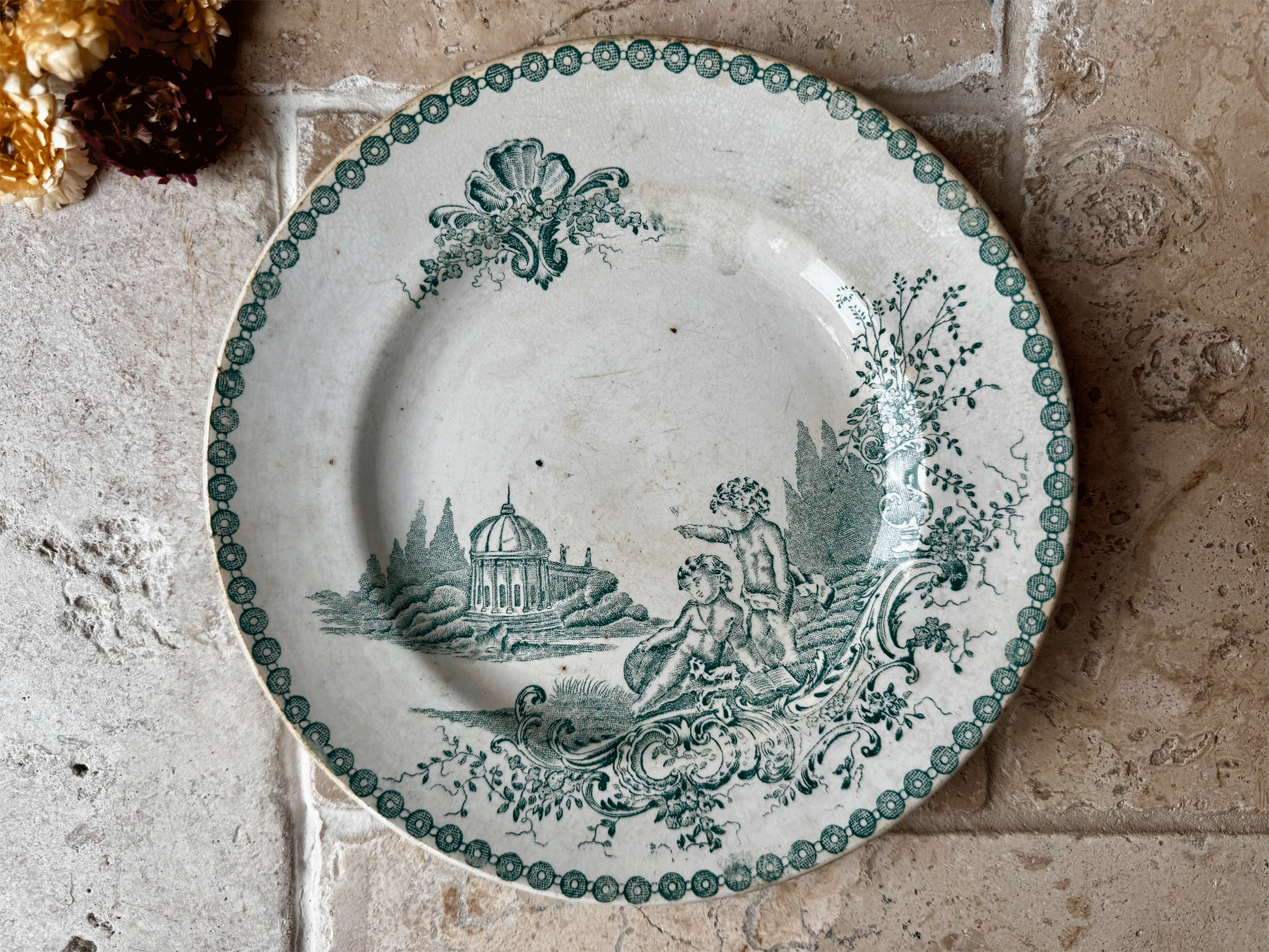 antique frencg terre de fer green transferware side plate st amand trianon cherubs