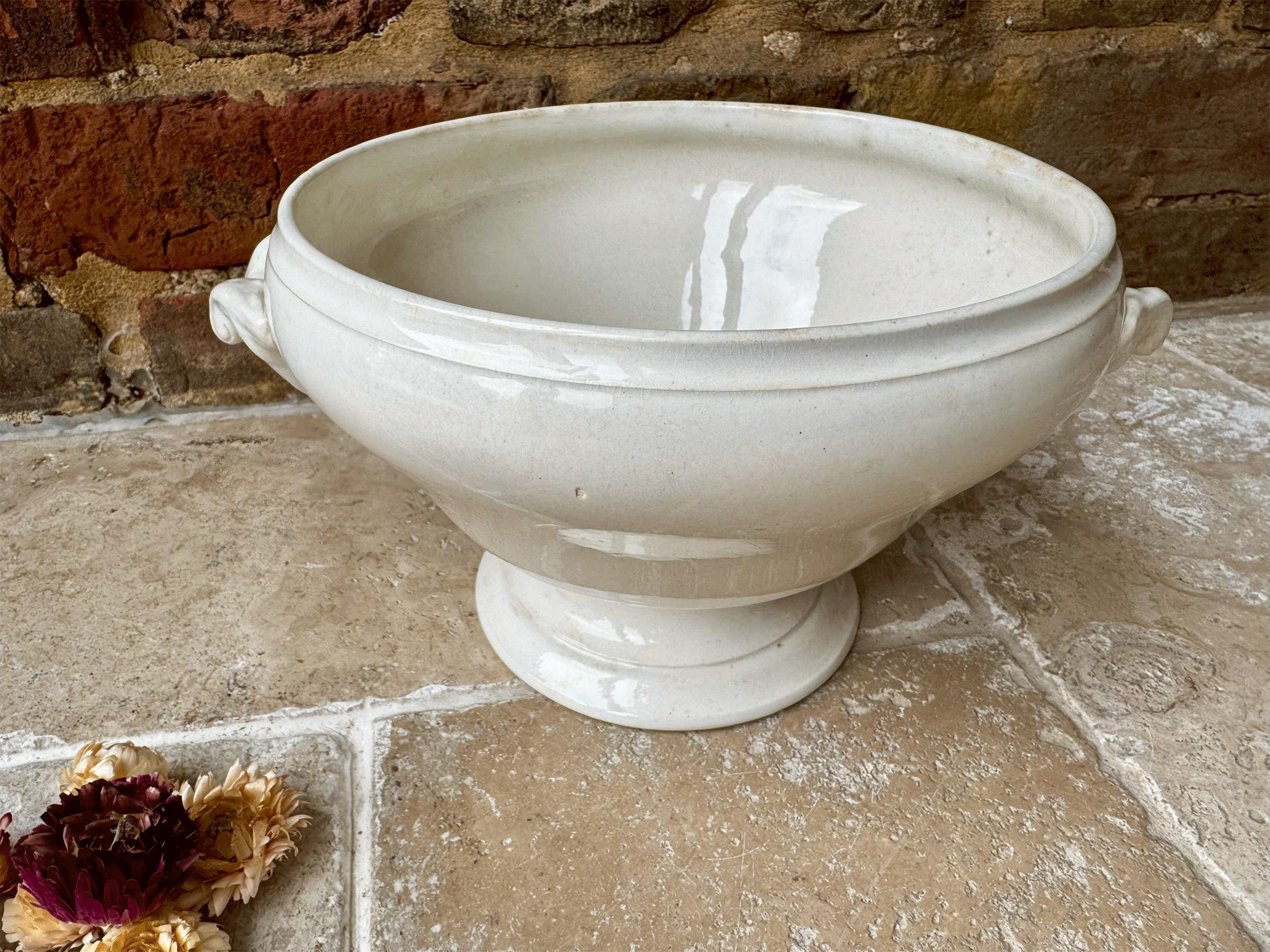 antique french white ironstone buttery timeworn soupiere tureen bowl