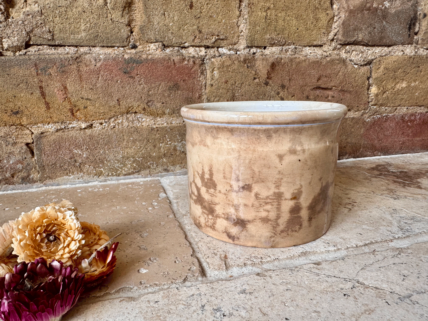 antique french stained worn weathered ironstone confiture pot digoin sarreguemines