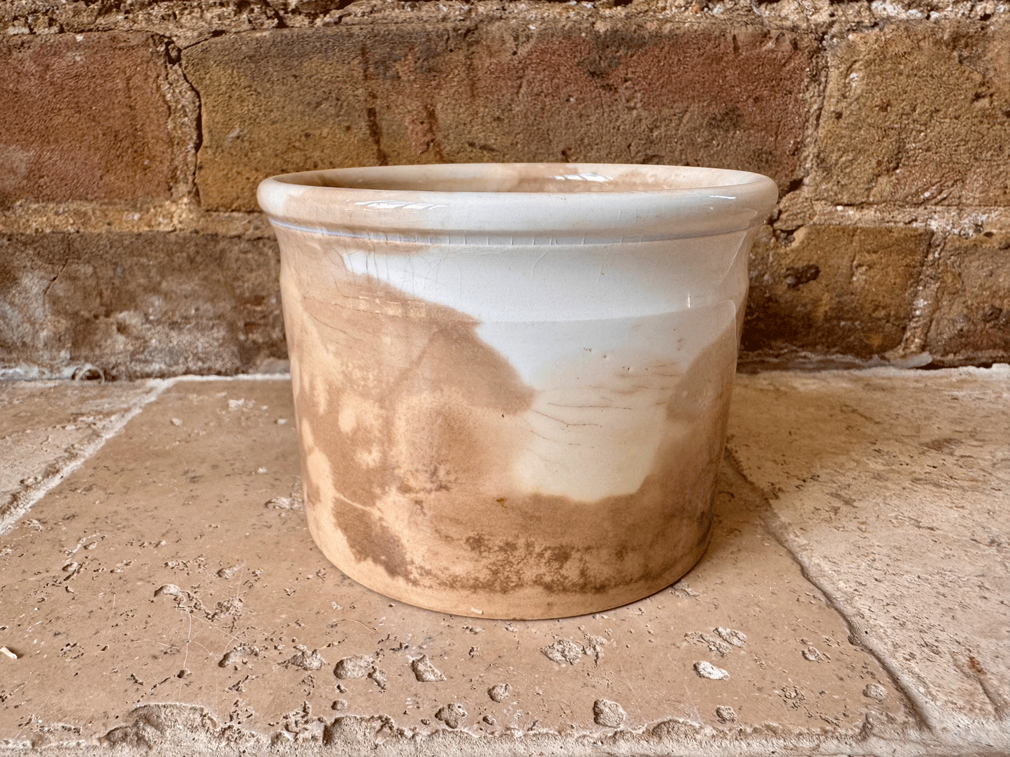 antique french stained worn weathered ironstone confiture pot digoin sarreguemines