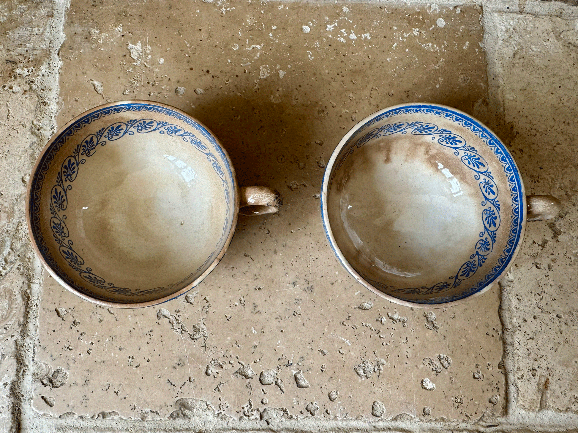 rare antique french timeworn buttery crazed patina blue transferware coffee espresso cup faience blue transferware