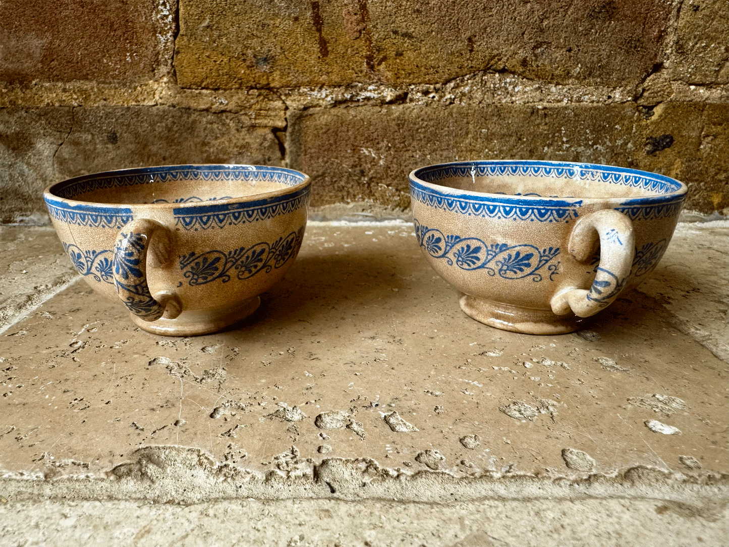 rare antique french timeworn buttery crzed patina blue transferware coffee espresso cup faience blue transferware