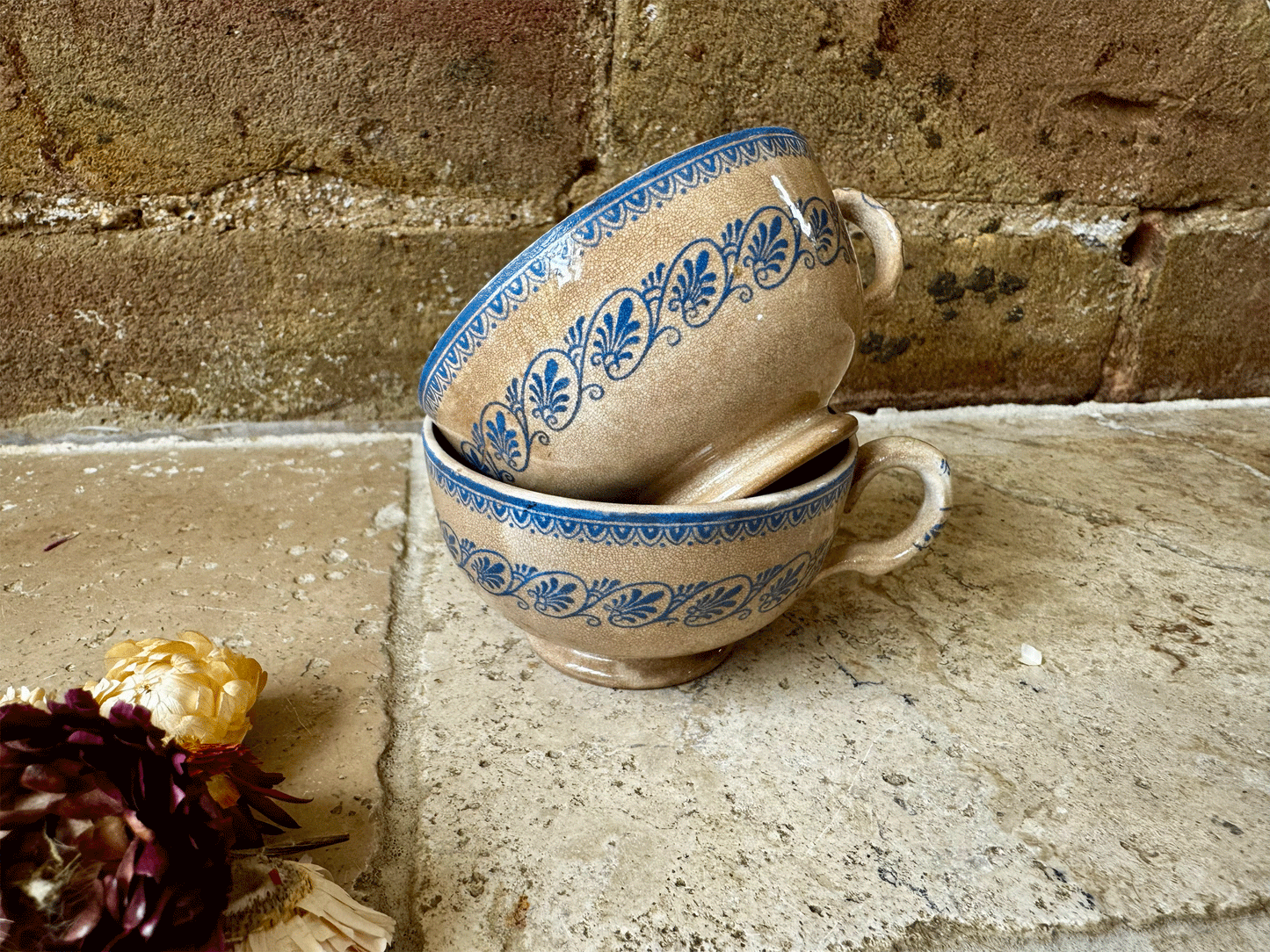 rare antique french timeworn buttery crzed patina blue transferware coffee espresso cup faience blue transferware