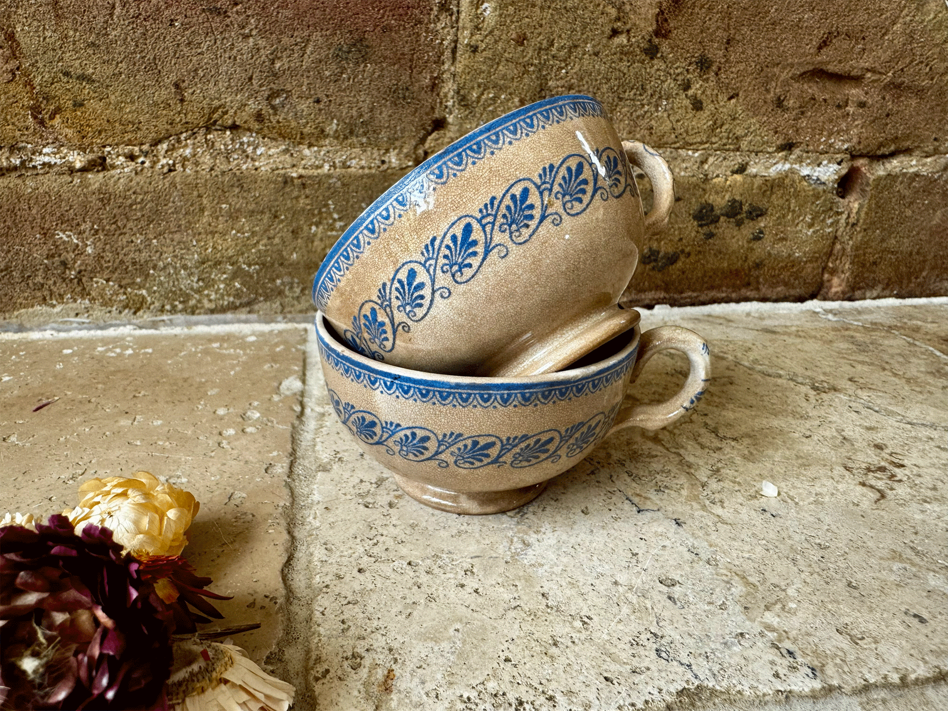 rare antique french timeworn buttery crzed patina blue transferware coffee espresso cup faience blue transferware