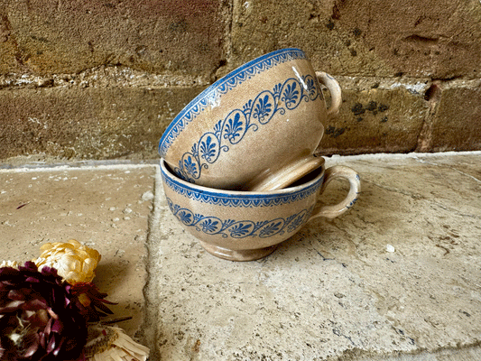 rare antique french timeworn buttery crzed patina blue transferware coffee espresso cup faience blue transferware
