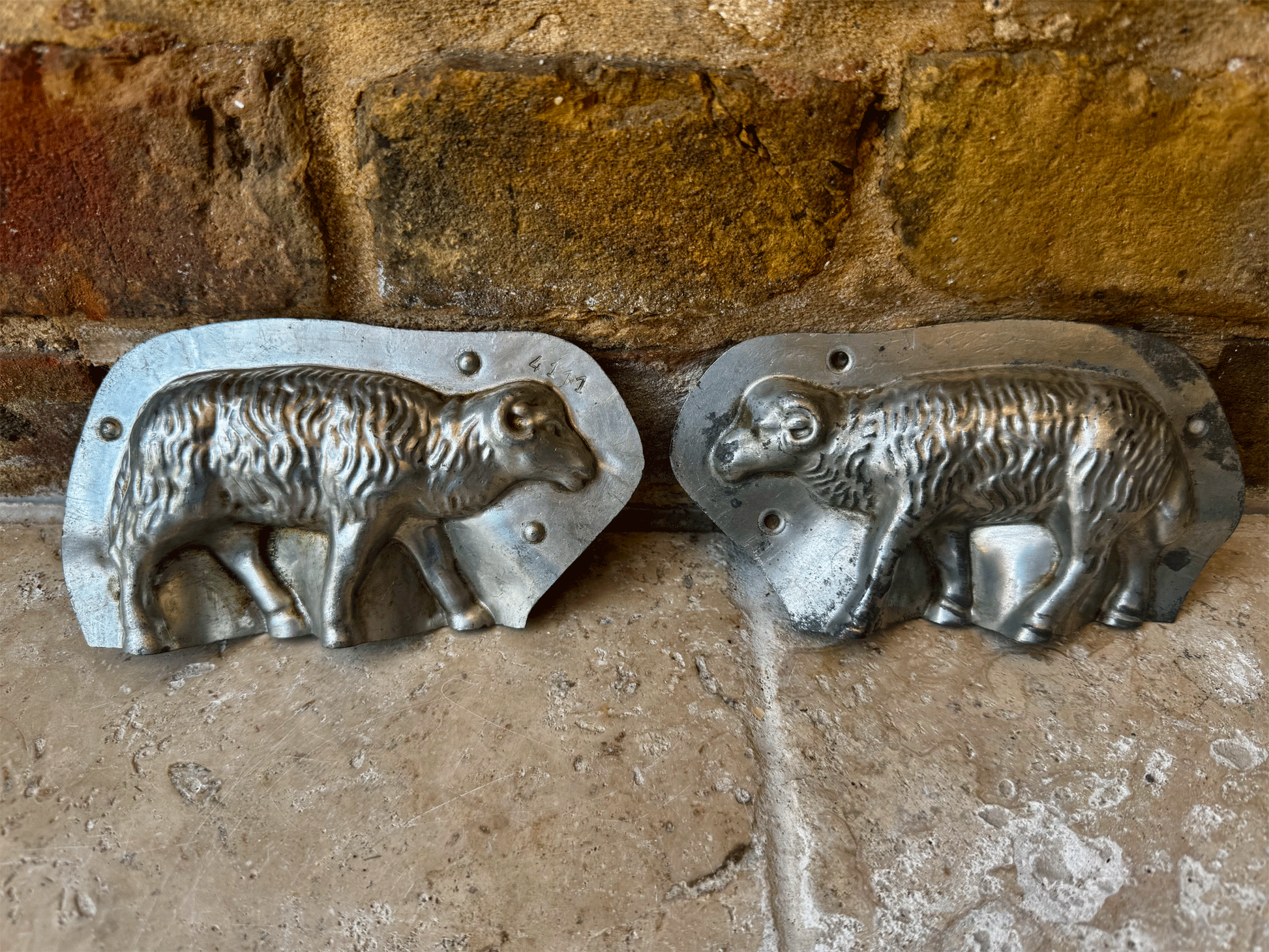 antique french two part piece tin steel chocolate mould easter lamb sheep