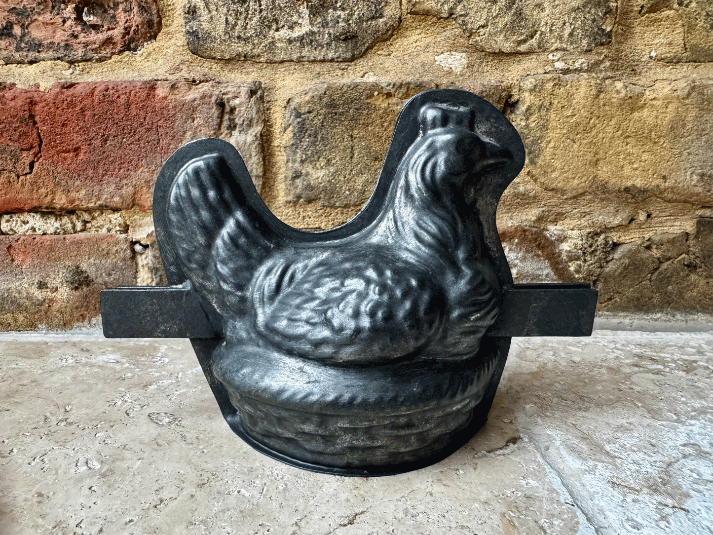 antique steel tin vintage easter chocolate mould laying hen basket