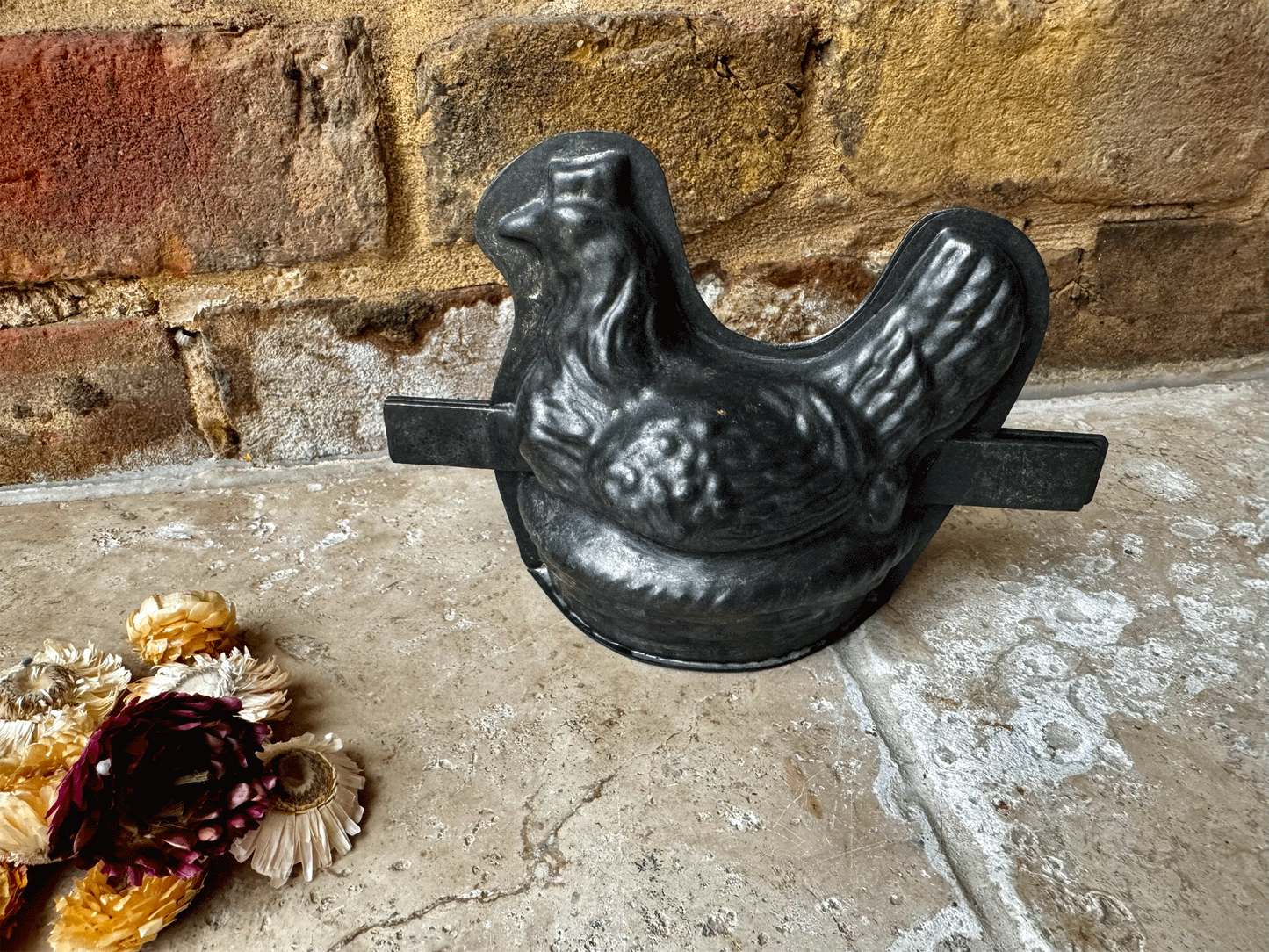 antique steel tin vintage easter chocolate mould laying hen basket