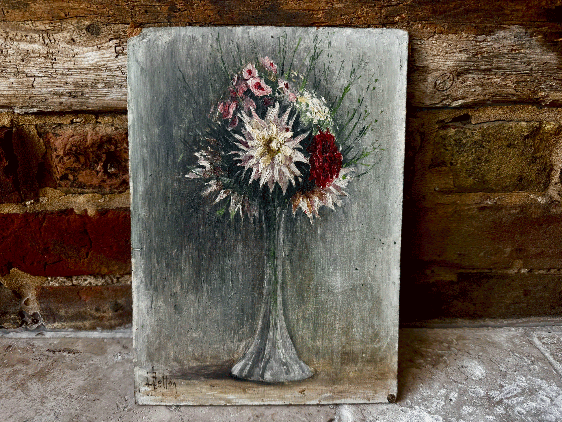 antique french signed oil painting still life flowers florals dahlias