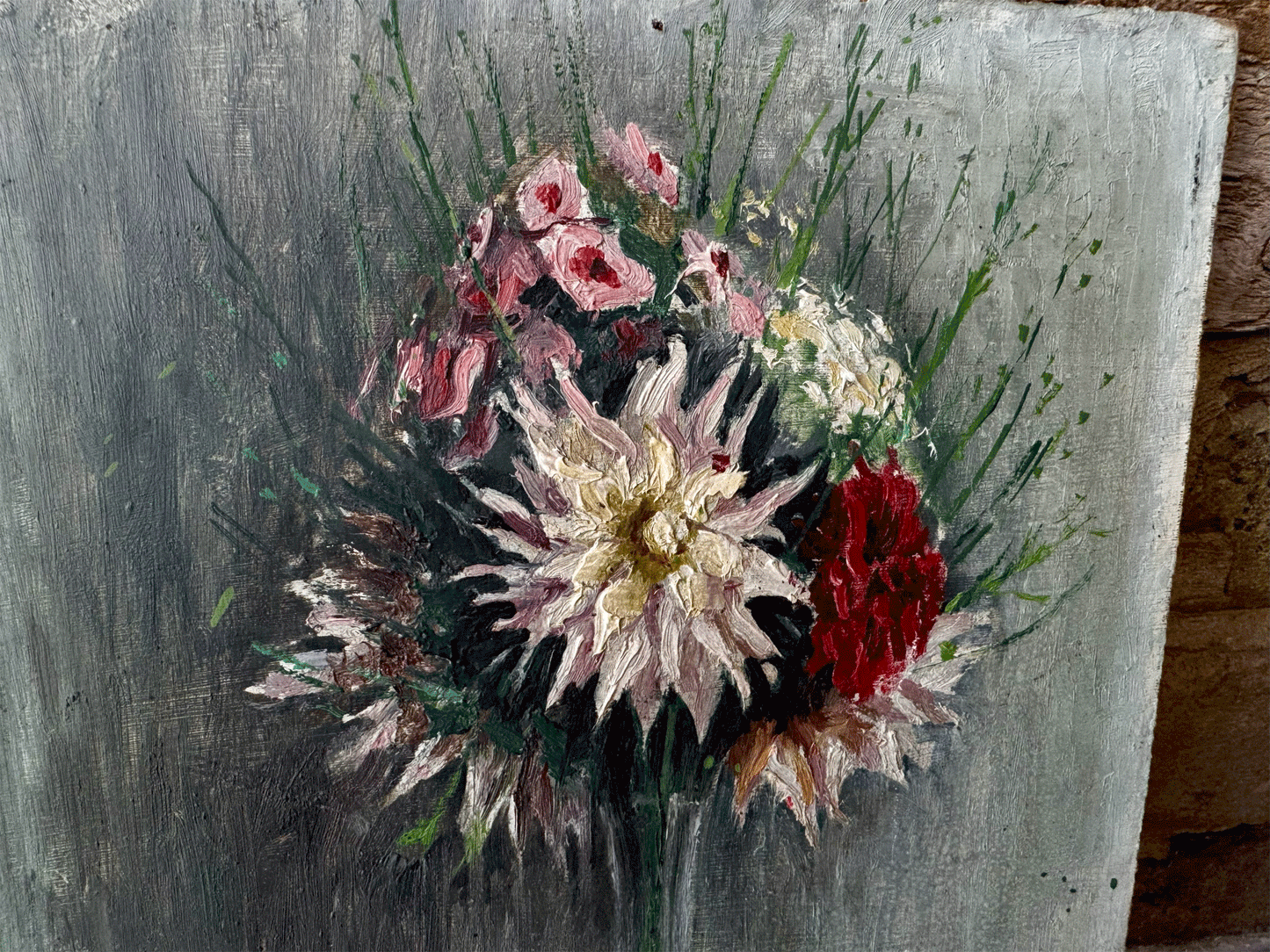 antique french signed oil painting still life flowers florals dahlias