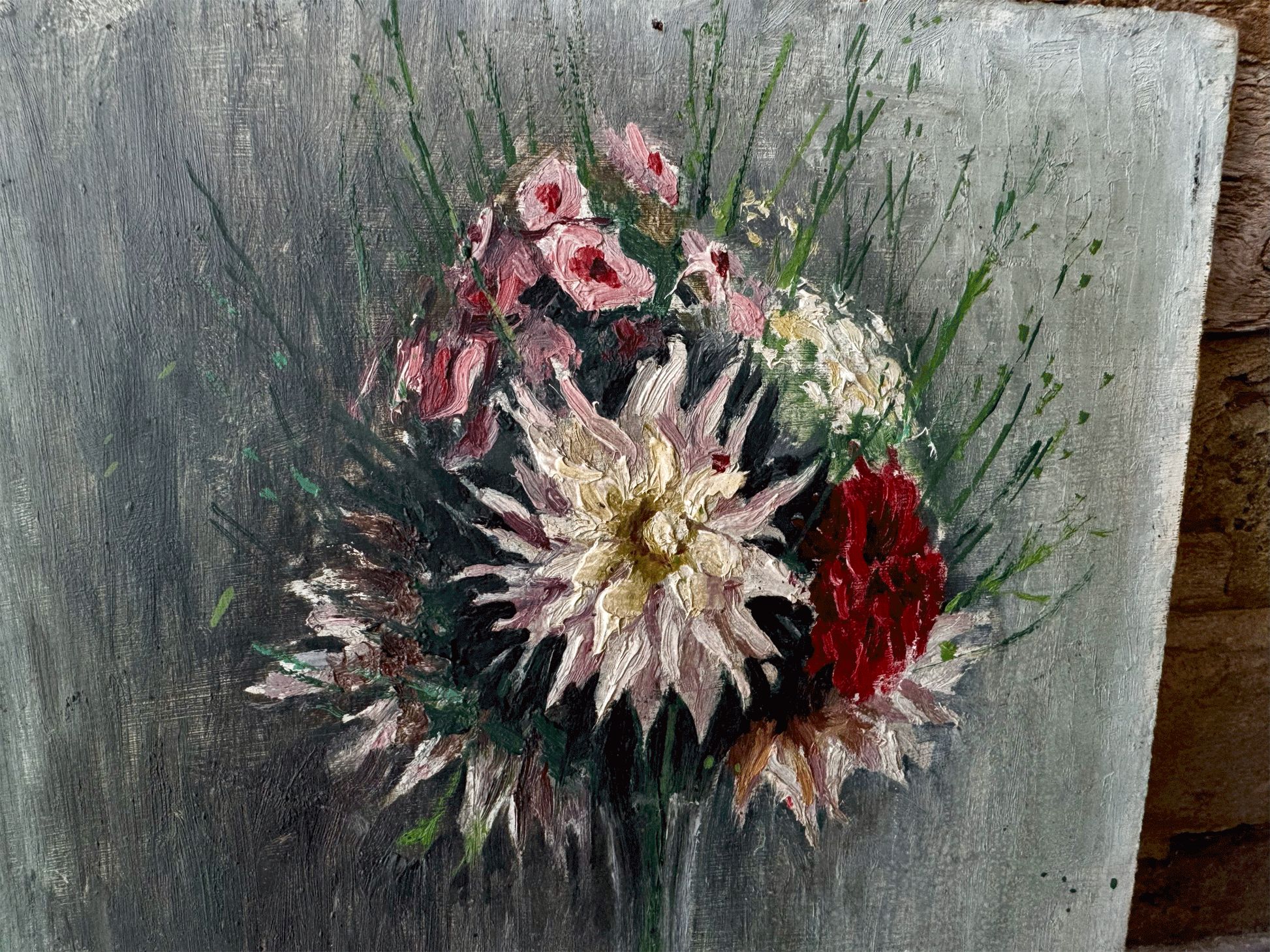 antique french signed oil painting still life flowers florals dahlias
