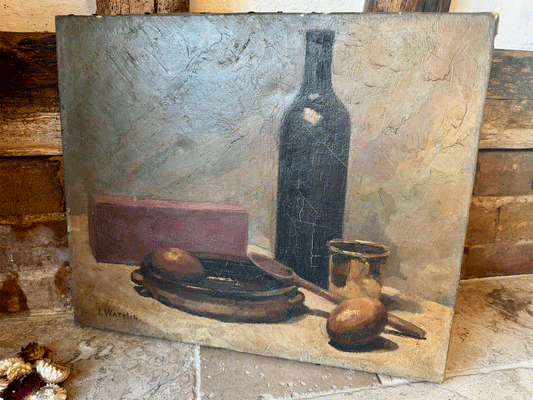 antique french kitchen still life oil canvas signed rustic stoneware bottles