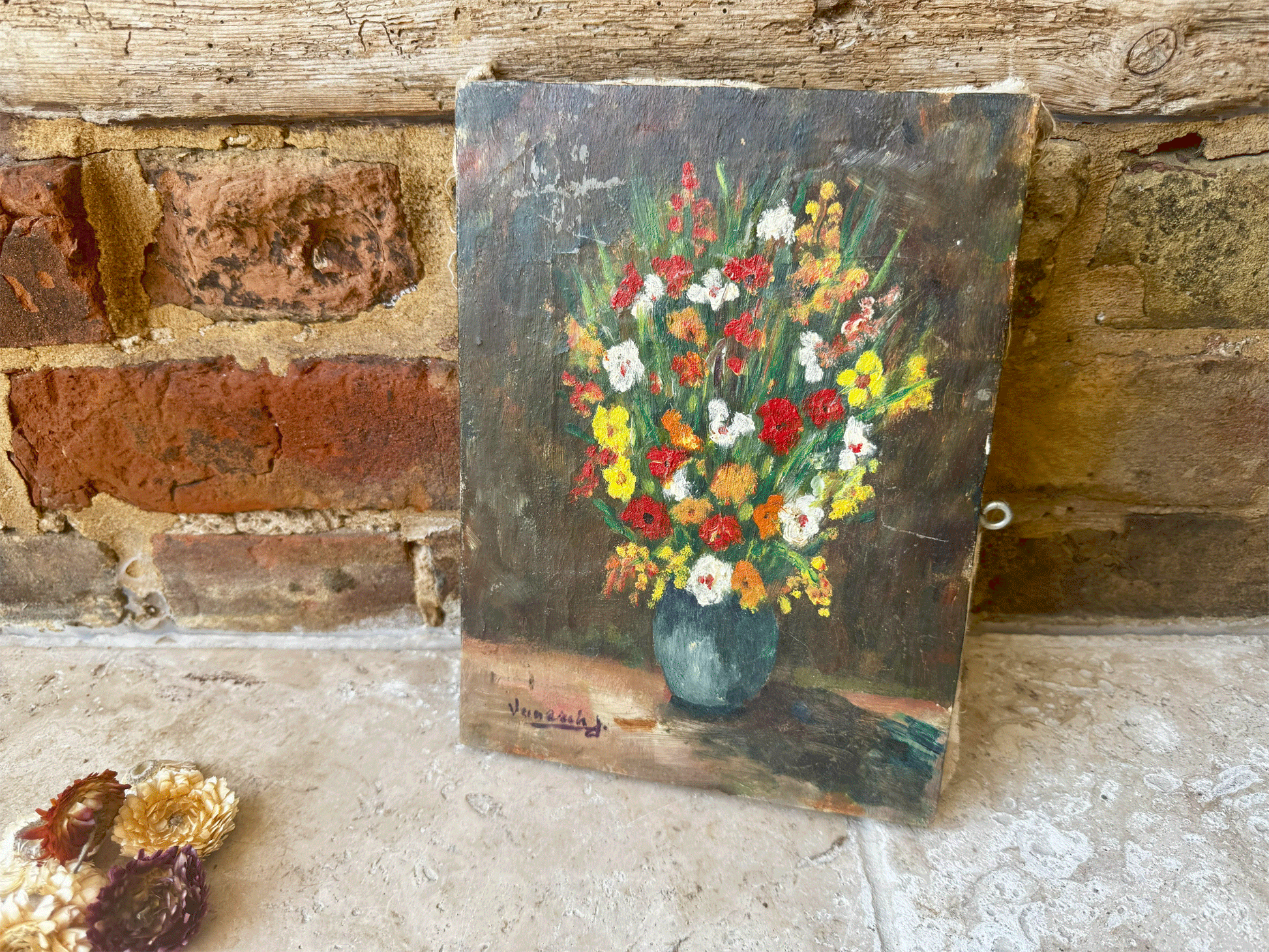 antique 19th century 1800s french floral still life signed oil canvas