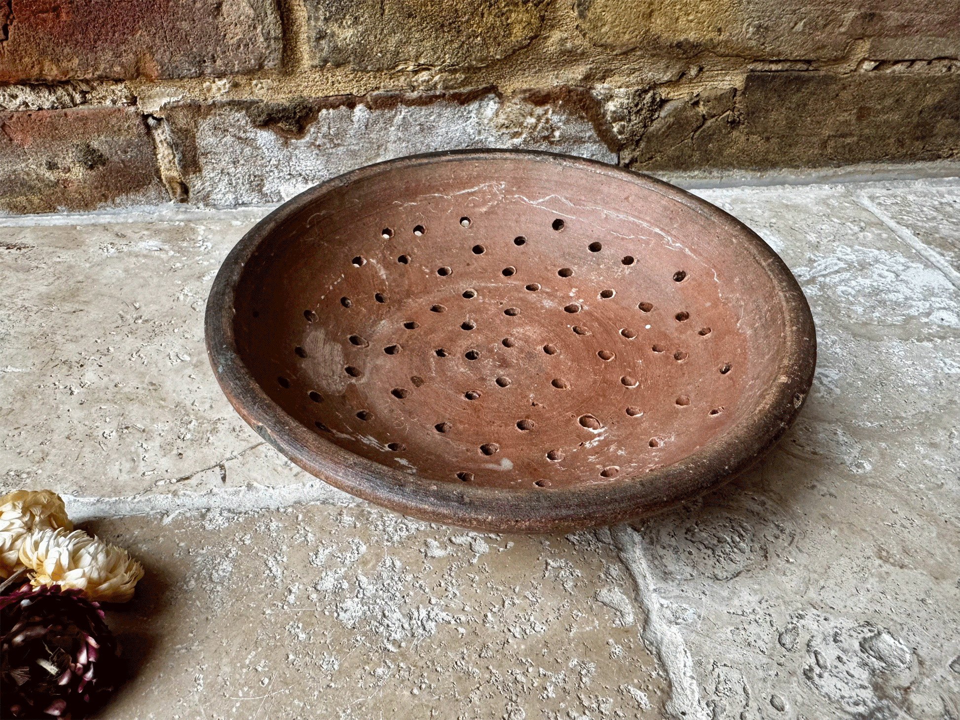rustic antique earthenware stoneware terracotta pierced berry bowl drainer faisselle
